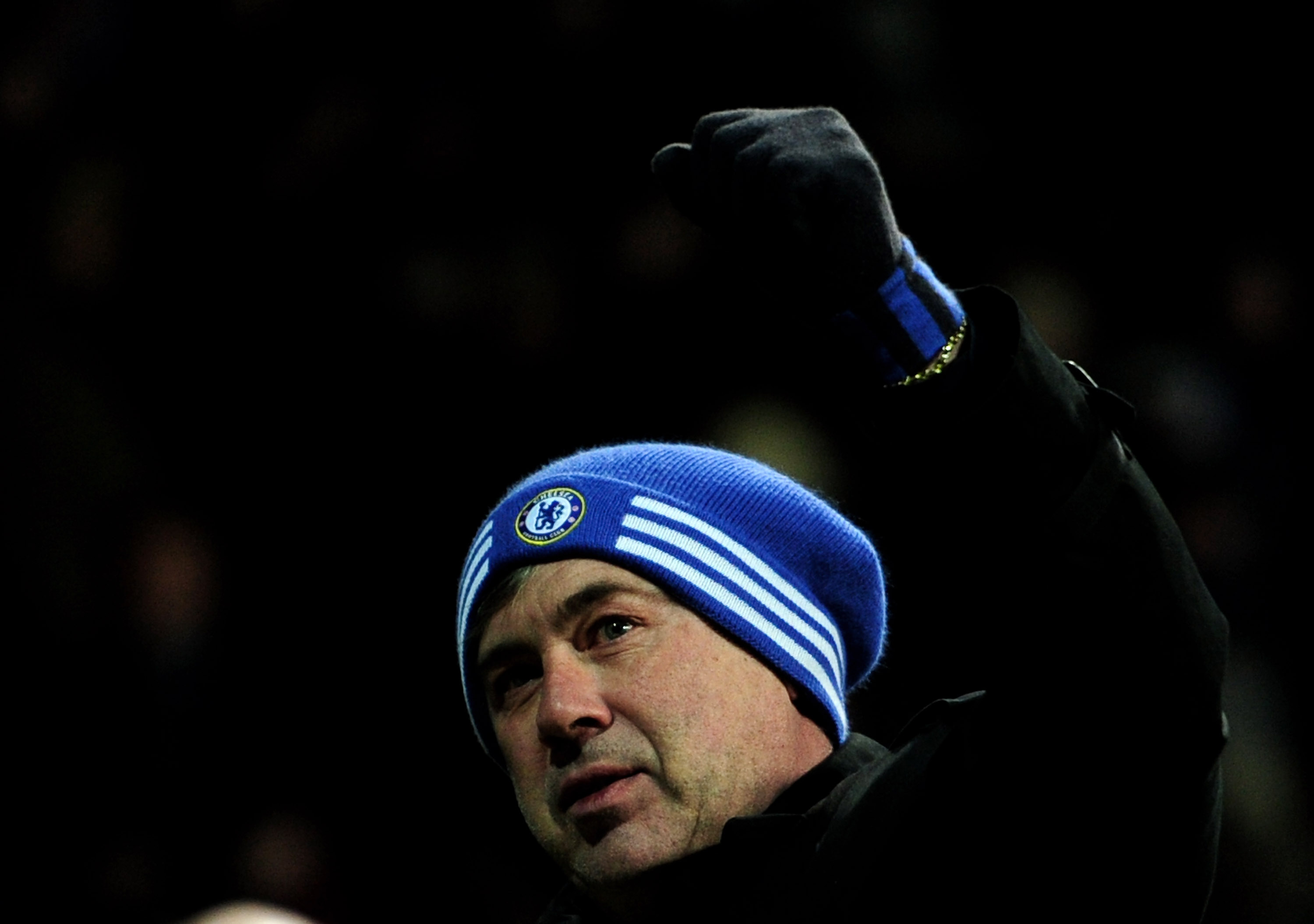 COPENHAGEN, DENMARK - FEBRUARY 22:  Chelsea Manager Carlo Ancelotti celebrates at the end of the UEFA Champions League round of 16 first leg match between FC Copenhagen and Chelsea at Parken Stadium on February 22, 2011 in Copenhagen, Denmark.  (Photo by