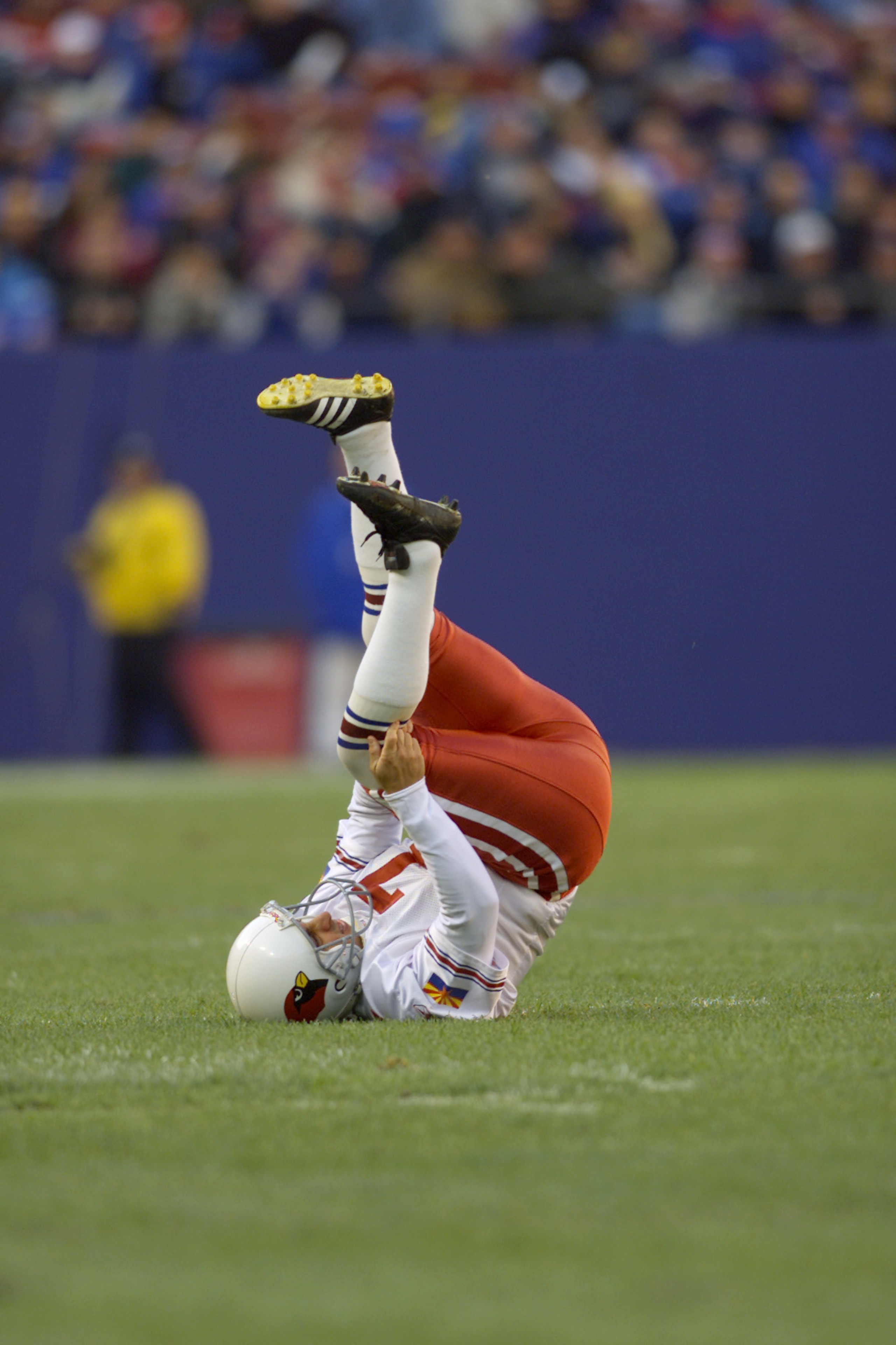 15 Dec 2001 : Bill Gramatica of the Arizona Cardinals injures himself while celebrating a field goal against the New York Giants during the game at the Meadowlands in East Rutherford, New Jersey. The Giants won 17-13. DIGITAL IMAGE. Mandatory Credit : Jam