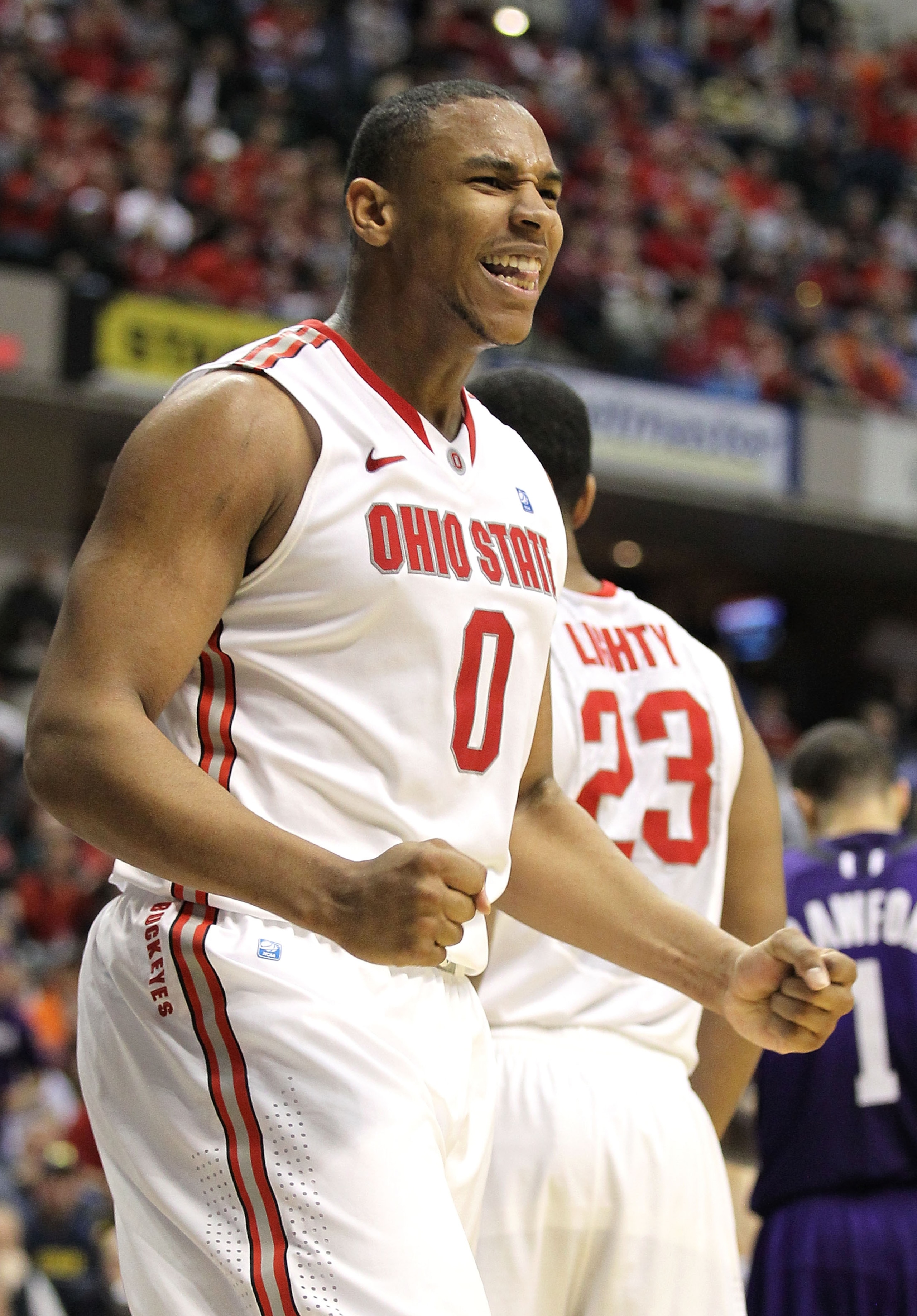 INDIANAPOLIS, IN - MARCH 11:  Jared Sullinger #0 of the Ohio State Buckeyes reacts in the second half against the Northwestern Wildcats during the quarterfinals of the 2011 Big Ten Men's Basketball Tournament at Conseco Fieldhouse on March 11, 2011 in Ind