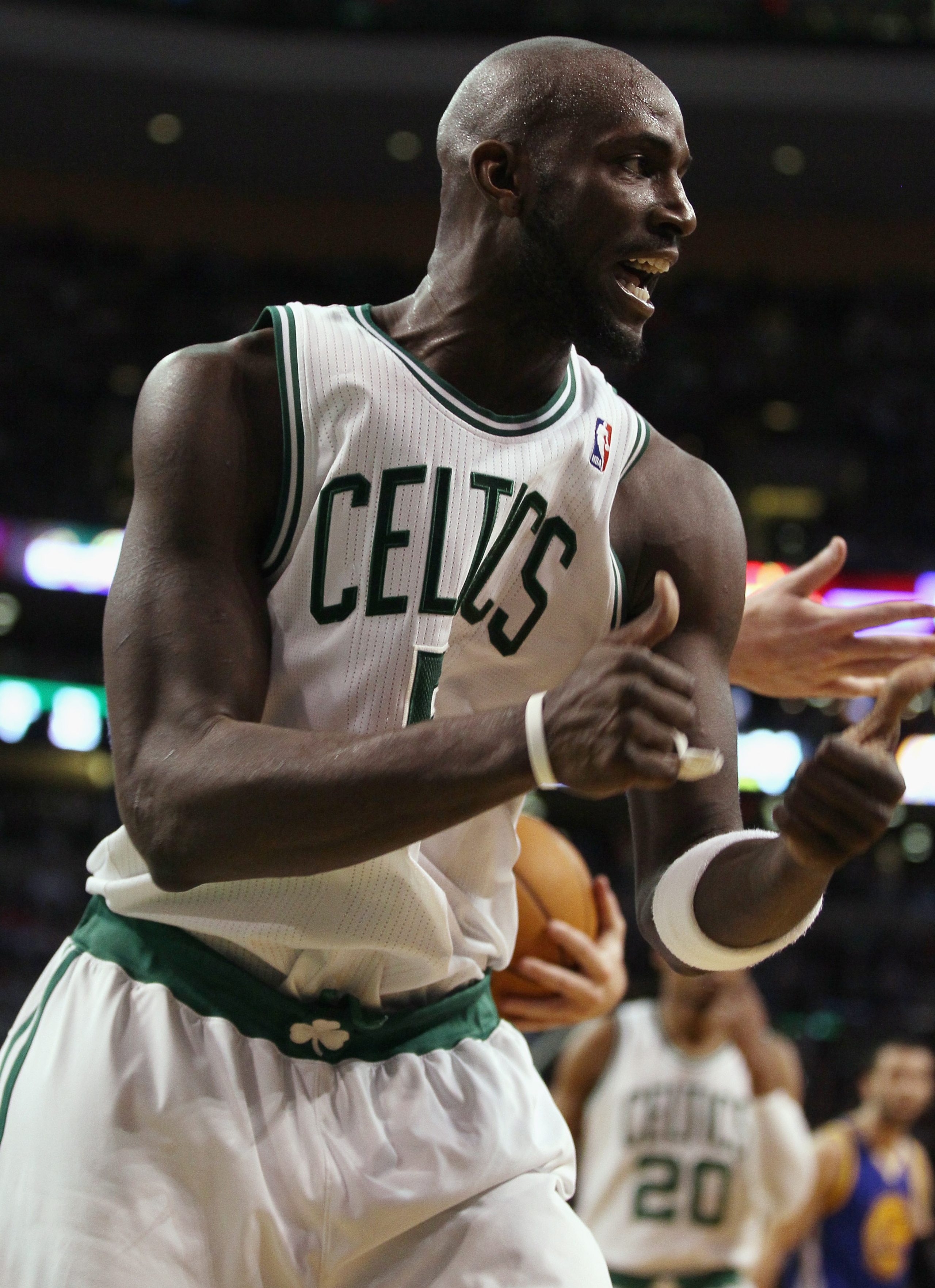 BOSTON, MA - MARCH 04: Kevin Garnett #5 of the Boston Celtics celebrates the jump ball in the fourth quarter against the Golden State Warriors on March 4, 2011 at the TD Garden in Boston, Massachusetts. The Celtics defeated the Warriors 107-103. NOTE TO BOSTON, MA - MARCH 04: Kevin Garnett #5 of the Boston Celtics celebrates the jump ball in the fourth quarter against the Golden State Warriors on March 4, 2011 at the TD Garden in Boston, Massachusetts. The Celtics defeated the Warriors 107-103. NOTE TO