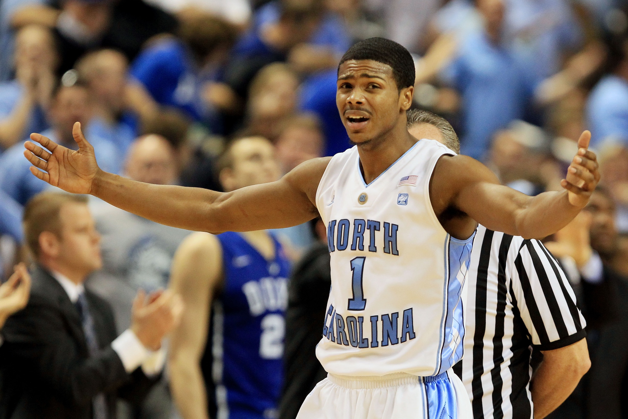 GREENSBORO, NC - MARCH 13:  Dexter Strickland #1 of the North Carolina Tar Heels reacts while playing against the Duke Blue Devils during the first half in the championship game of the 2011 ACC men's basketball tournament at the Greensboro Coliseum on Mar