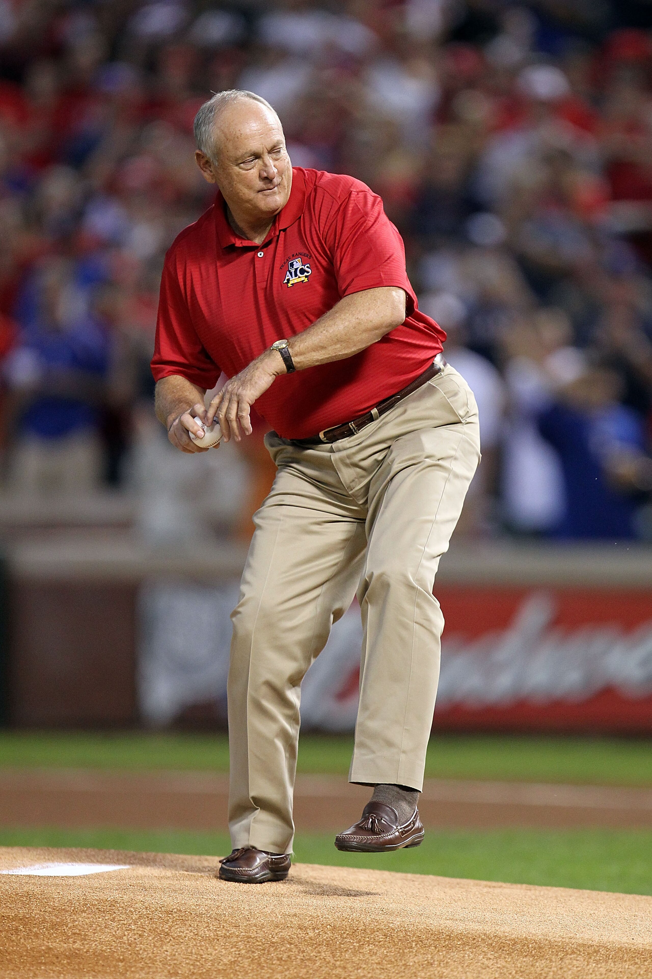 ARLINGTON, TX - OCTOBER 15: Team President Nolan Ryan of the Texas Rangers throws out the ceremonial first pitch against the New York Yankees in Game One of the ALCS during the 2010 MLB Playoffs at Rangers Ballpark in Arlington on October 15, 2010 in Ar ARLINGTON, TX - OCTOBER 15: Team President Nolan Ryan of the Texas Rangers throws out the ceremonial first pitch against the New York Yankees in Game One of the ALCS during the 2010 MLB Playoffs at Rangers Ballpark in Arlington on October 15, 2010 in Ar