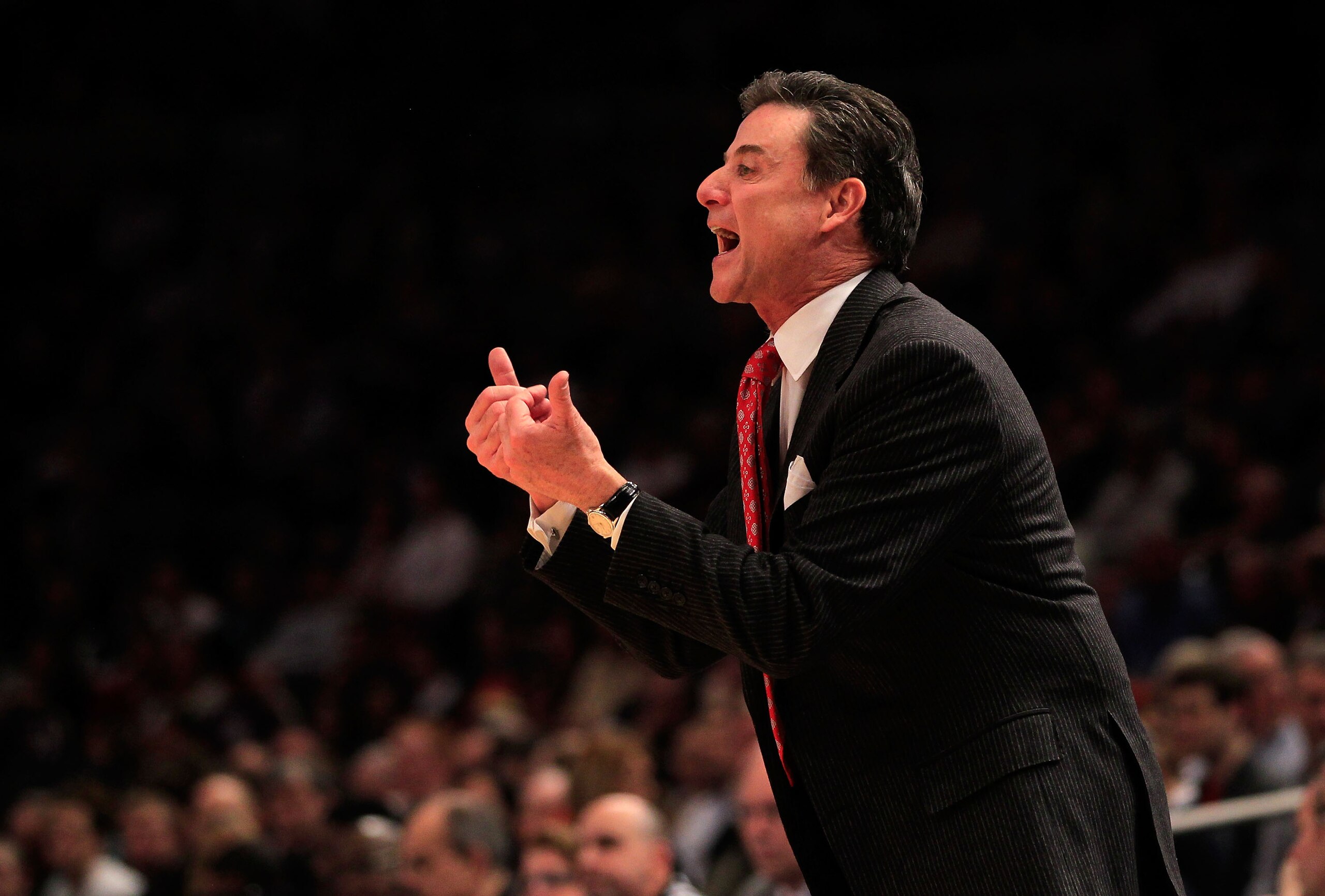 NEW YORK, NY - MARCH 11:  head coach Rick Pitino of the Louisville Cardinals looks on from the bench during the game against the Notre Dame Fighting Irish during the semifinals of the 2011 Big East Men's Basketball Tournament presented by American Eagle O