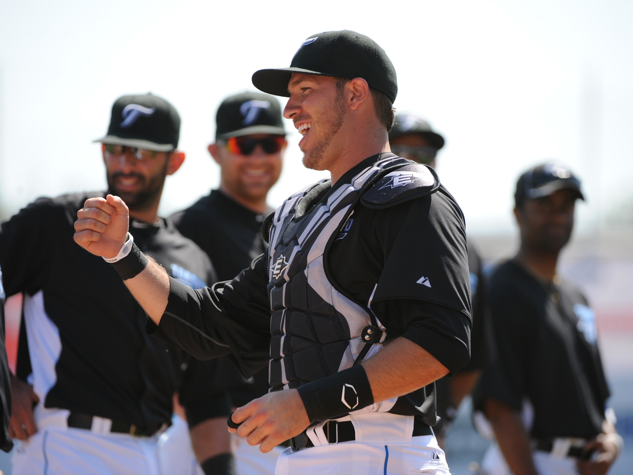 DUNEDIN, FL - FEBRUARY 26:  Catcher J. P. Arencibia #9 of the Toronto Blue Jays takes the field for play against the Detroit Tigers February 26, 2011 at Florida Auto Exchange Stadium in Dunedin, Florida.  (Photo by Al Messerschmidt/Getty Images)