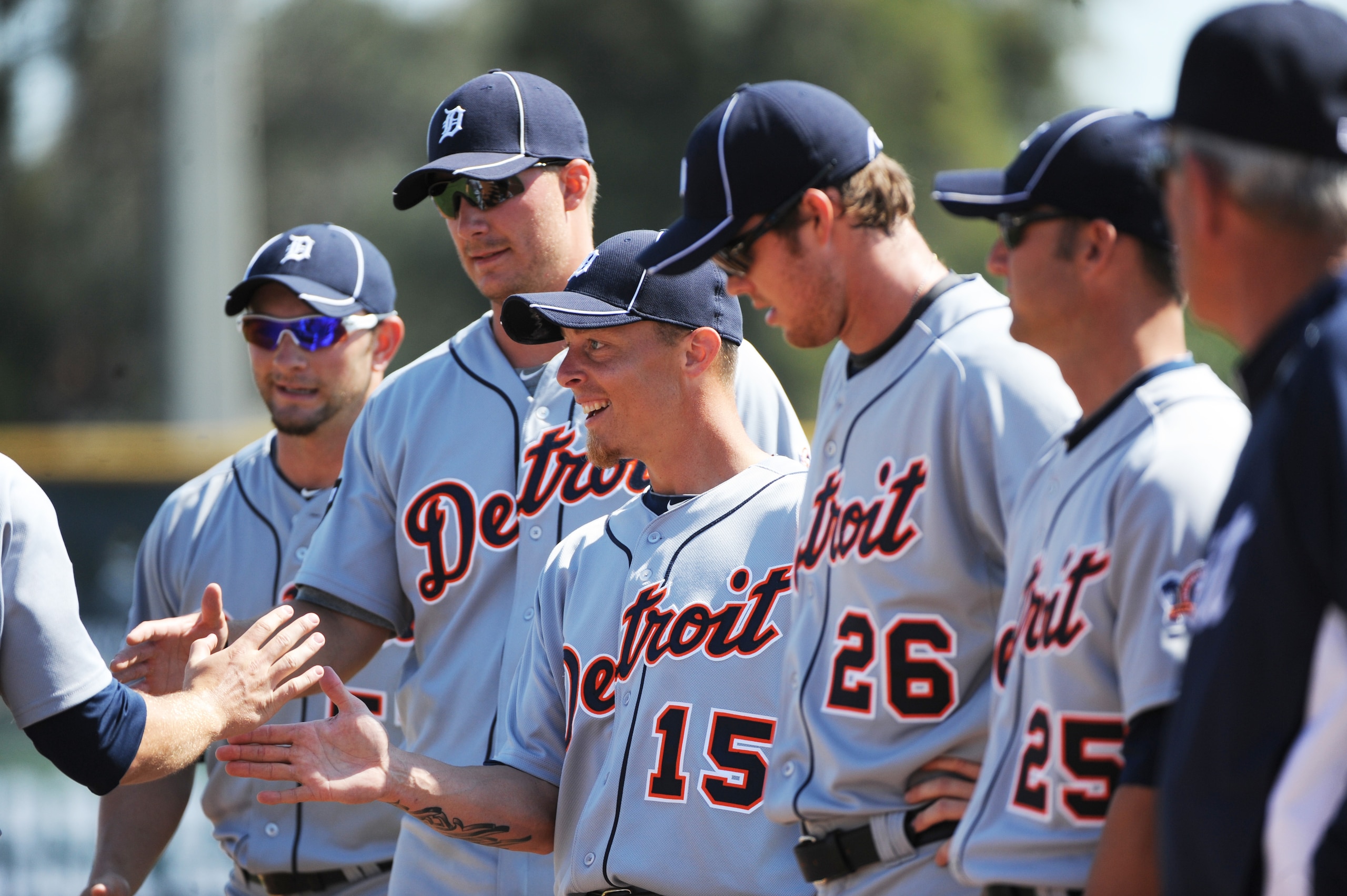 DUNEDIN, FL - FEBRUARY 26:  Infielder Brandon Inge #15 of the Detroit Tigers lines up for introductions before play against the Toronto Blue Jays February 26, 2011 at Florida Auto Exchange Stadium in Dunedin, Florida.  (Photo by Al Messerschmidt/Getty Ima