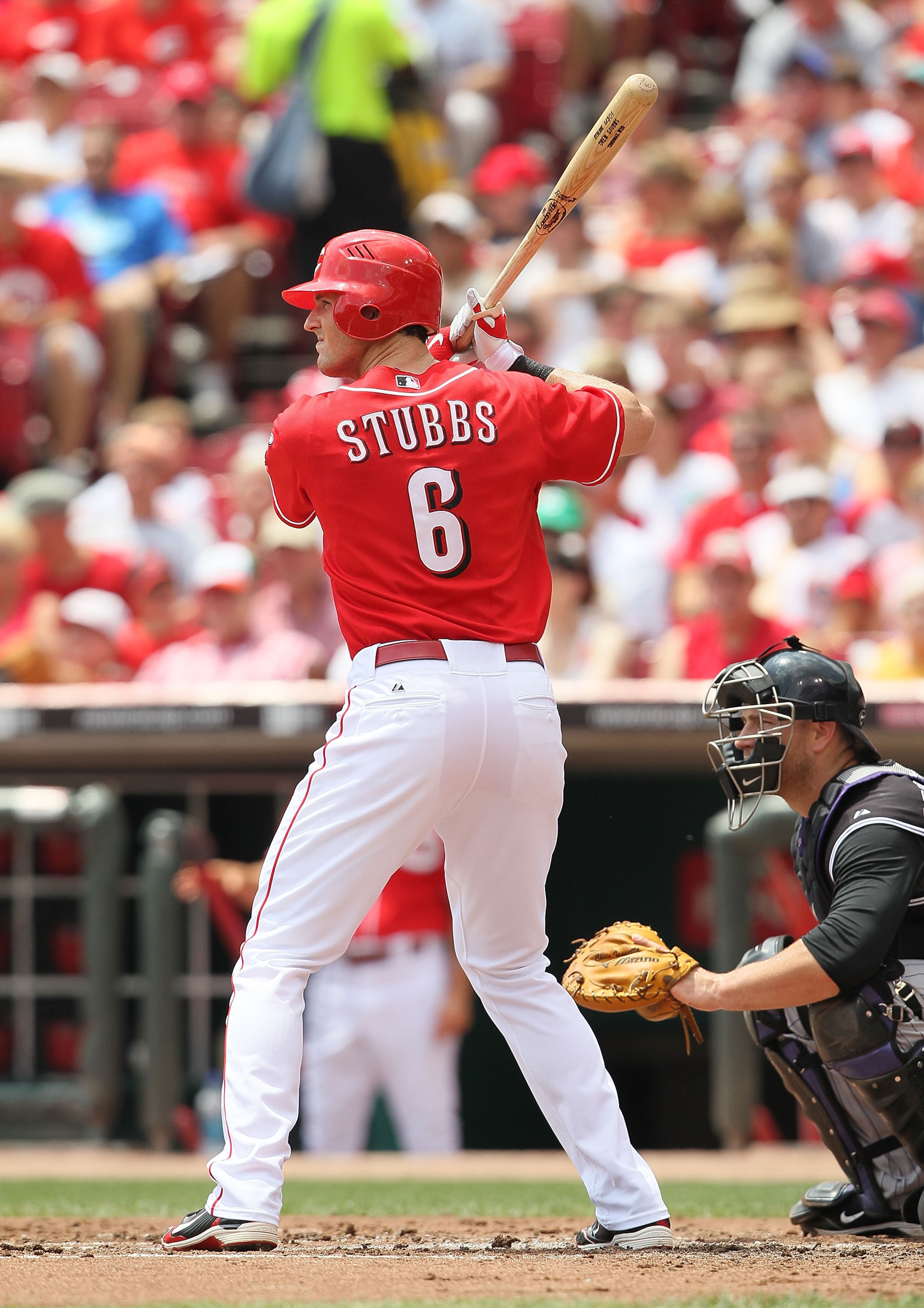CINCINNATI - JULY 18:  Drew Stubbs #6 of the Cincinnati Reds is pictured during the game against the Colorado Rockies at Great American Ball Park on July 18, 2010 in Cincinnati, Ohio.  (Photo by Andy Lyons/Getty Images)
