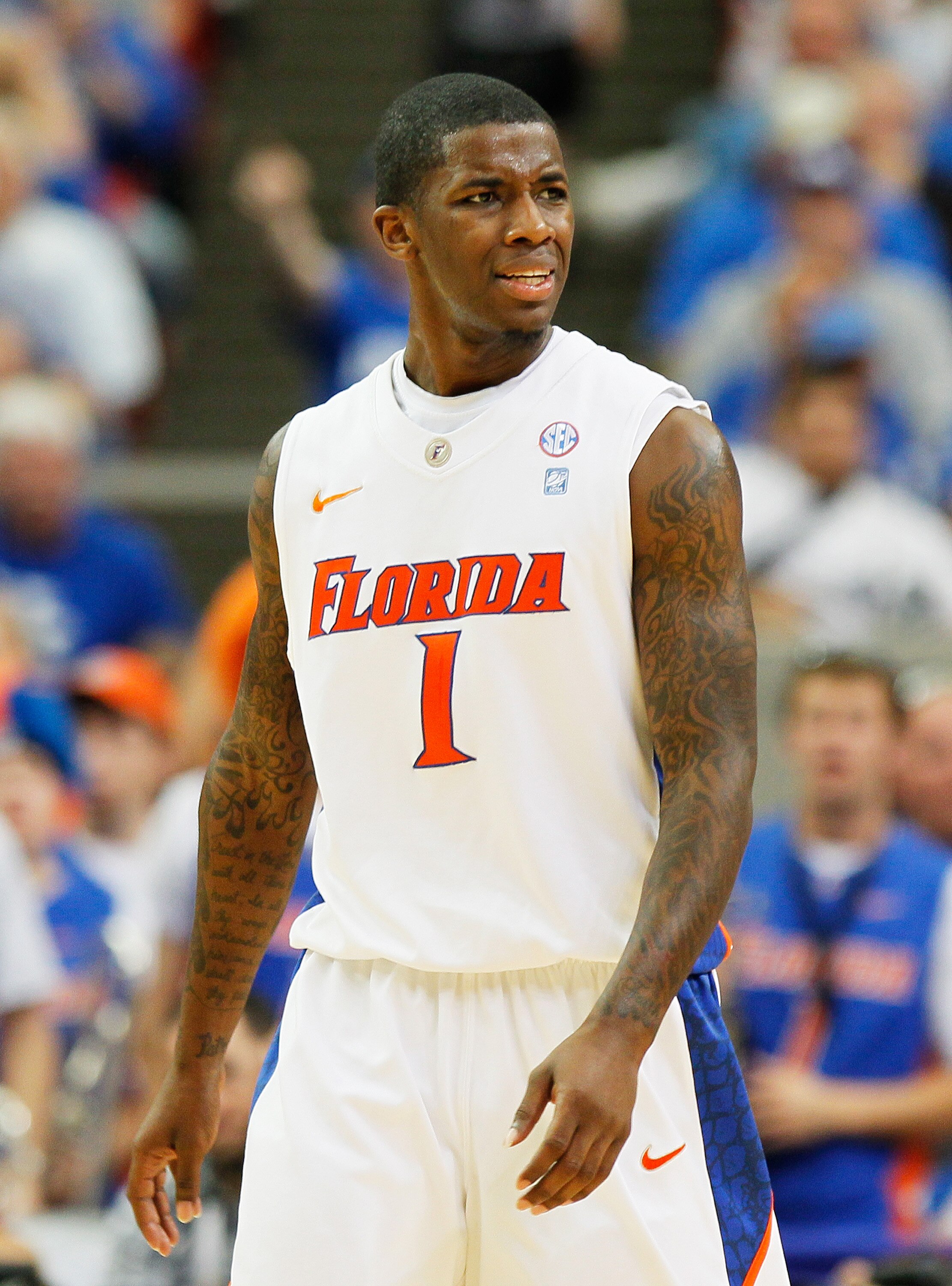 ATLANTA, GA - MARCH 13:  Kenny Boynton #1 of the Florida Gators reacts during their game against the Kentucky Wildcats in the championship game of the SEC Men's Basketball Tournament at Georgia Dome on March 13, 2011 in Atlanta, Georgia.  (Photo by Kevin
