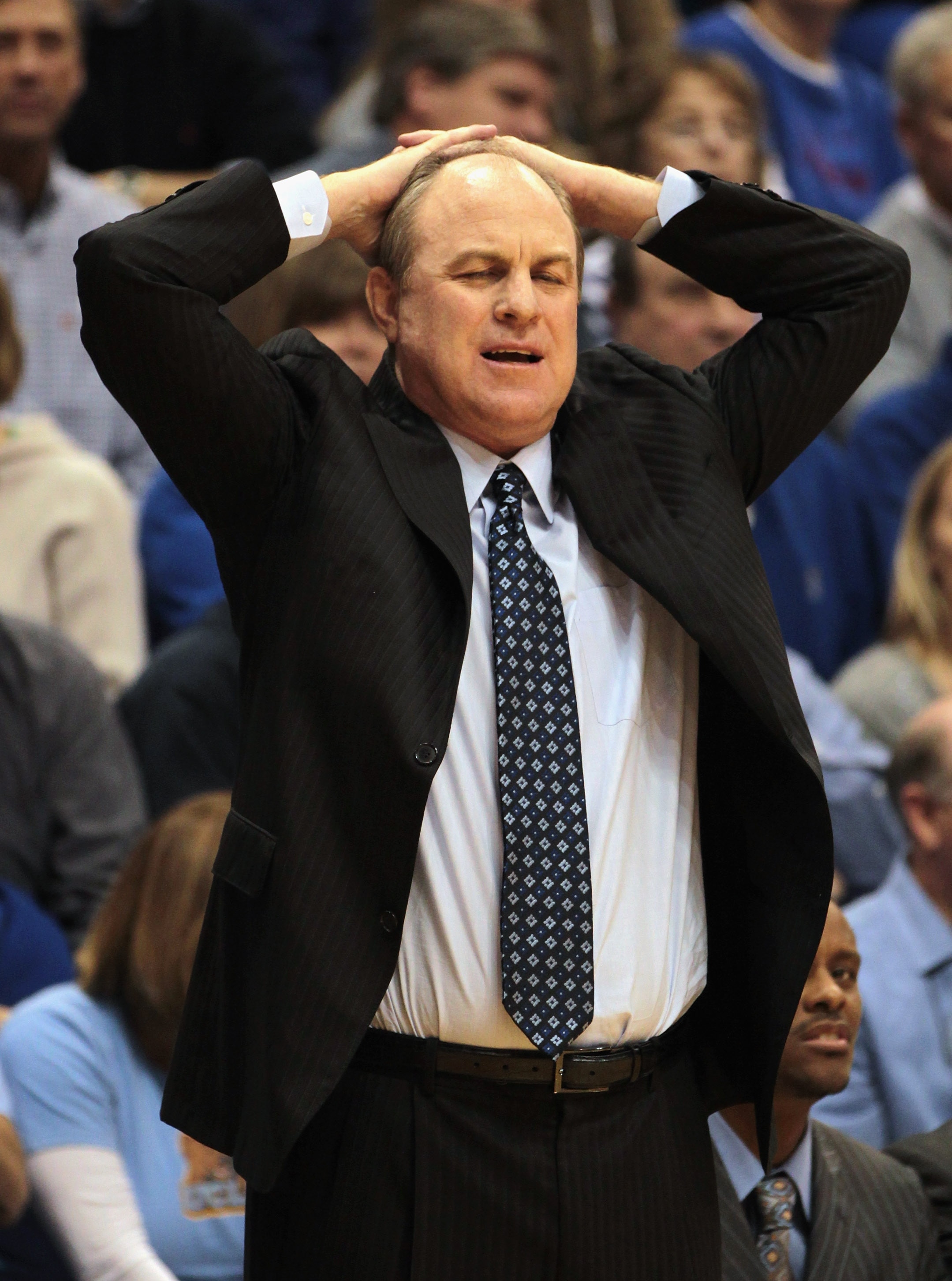 LAWRENCE, KS - DECEMBER 02:  Head coach Ben Howland of the UCLA Bruins reacts after a foul during the game against the Kansas Jayhawks on December 2, 2010 at Allen Fieldhouse in Lawrence, Kansas.  (Photo by Jamie Squire/Getty Images)