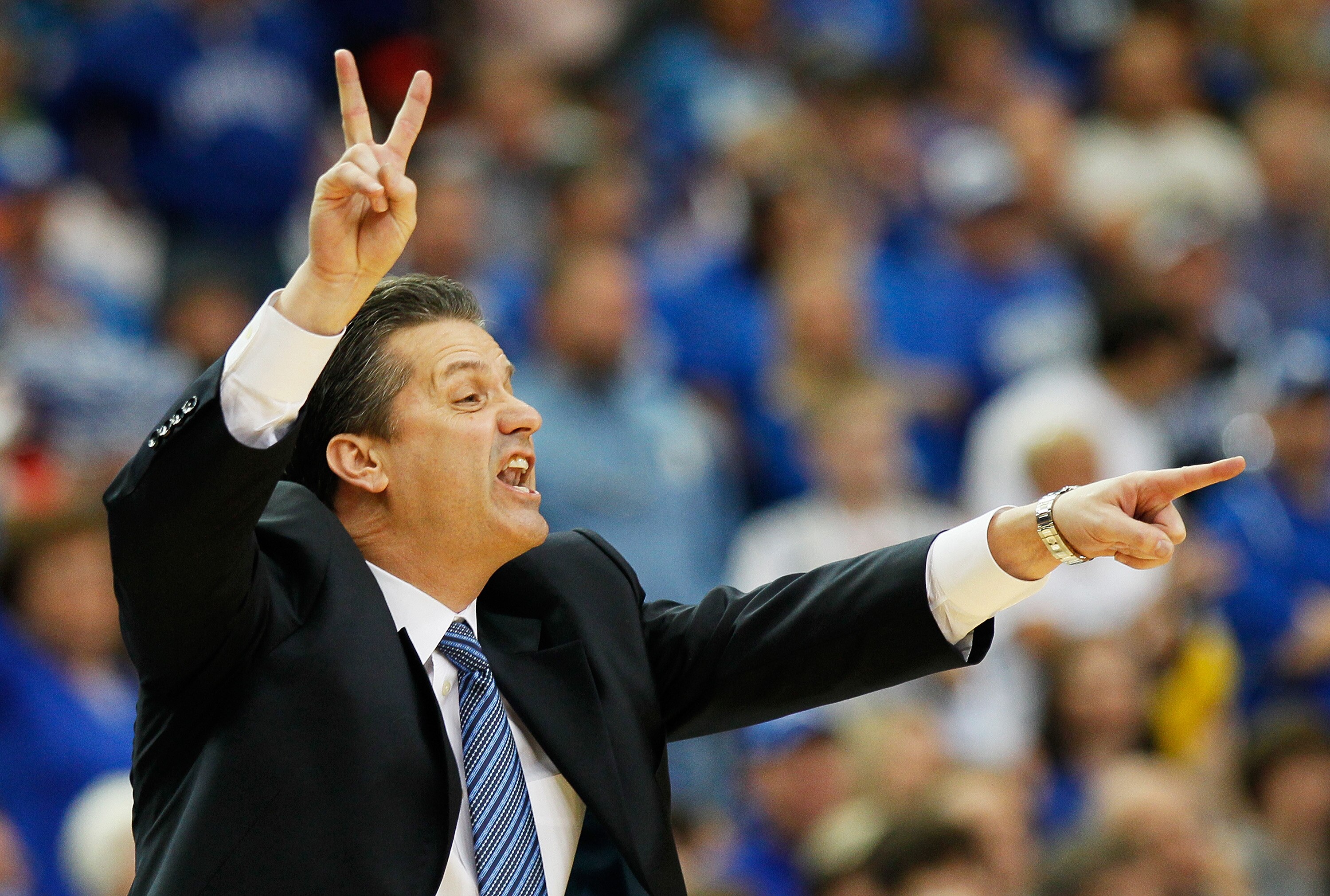 ATLANTA, GA - MARCH 13:  Head coach John Calipari of the Kentucky Wildcats coaches against the Florida Gators during the championship game of the SEC Men's Basketball Tournament at Georgia Dome on March 13, 2011 in Atlanta, Georgia.  (Photo by Kevin C. Co