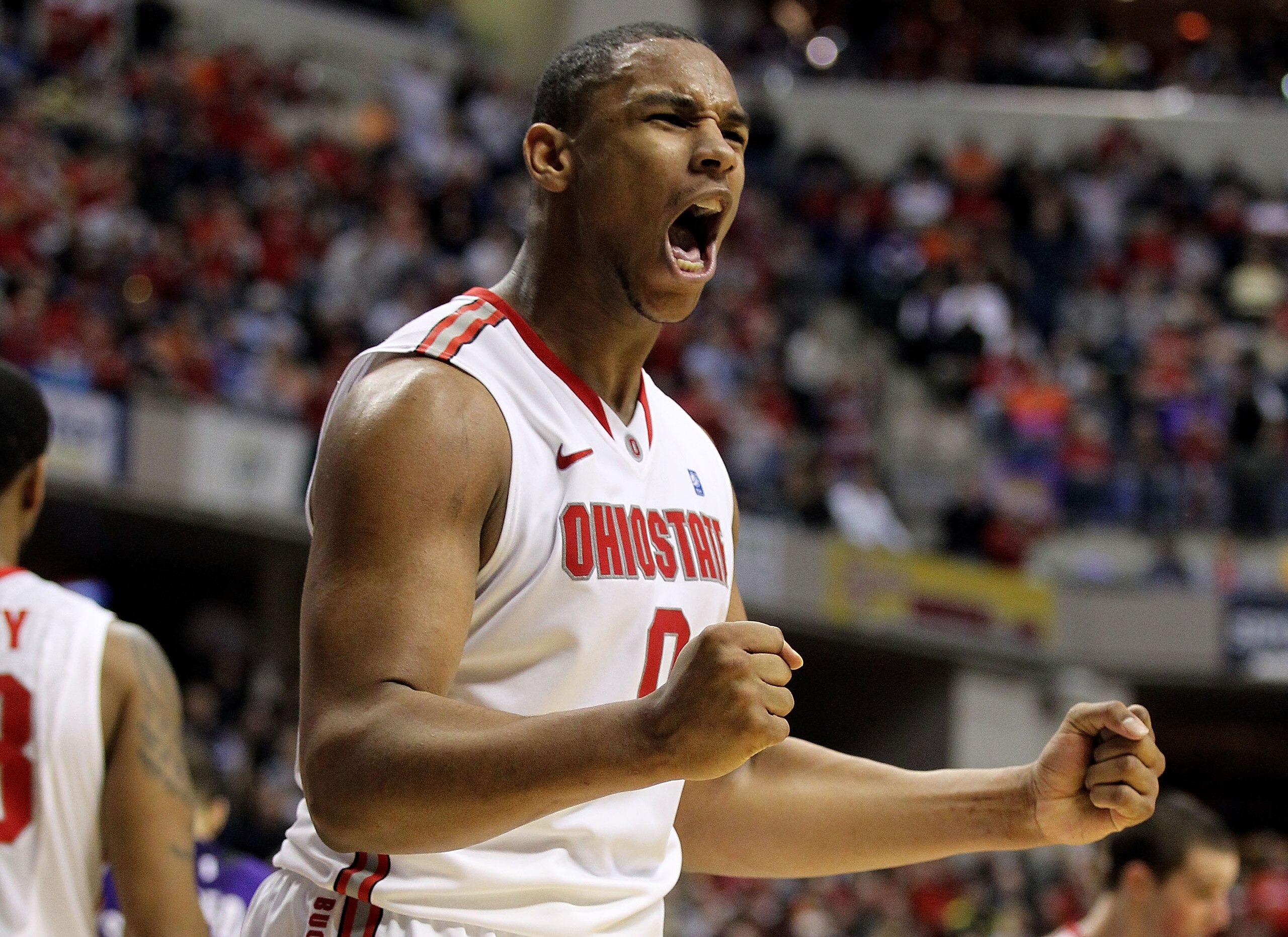 INDIANAPOLIS, IN - MARCH 11:  Jared Sullinger #0 of the Ohio State Buckeyes reacts in the second half against the Northwestern Wildcats during the quarterfinals of the 2011 Big Ten Men's Basketball Tournament at Conseco Fieldhouse on March 11, 2011 in Ind