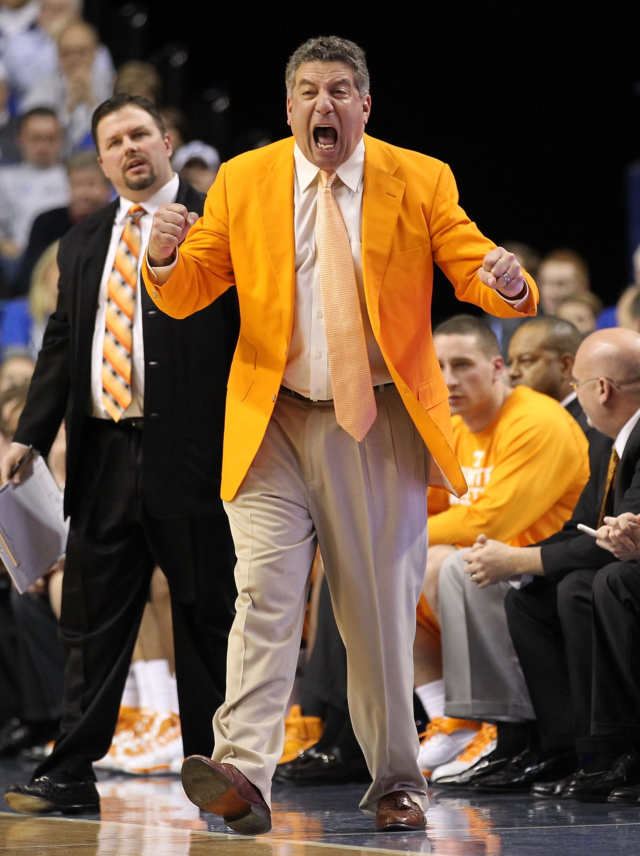 LEXINGTON, KY - FEBRUARY 08:  Bruce Pearl the Head Coach of the Tennessee Volunteers gives instructions to his team during the SEC game against the Kentucky Wildcats at Rupp Arena on February 8, 2011 in Lexington, Kentucky.  Kentucky won 73-61.  (Photo by