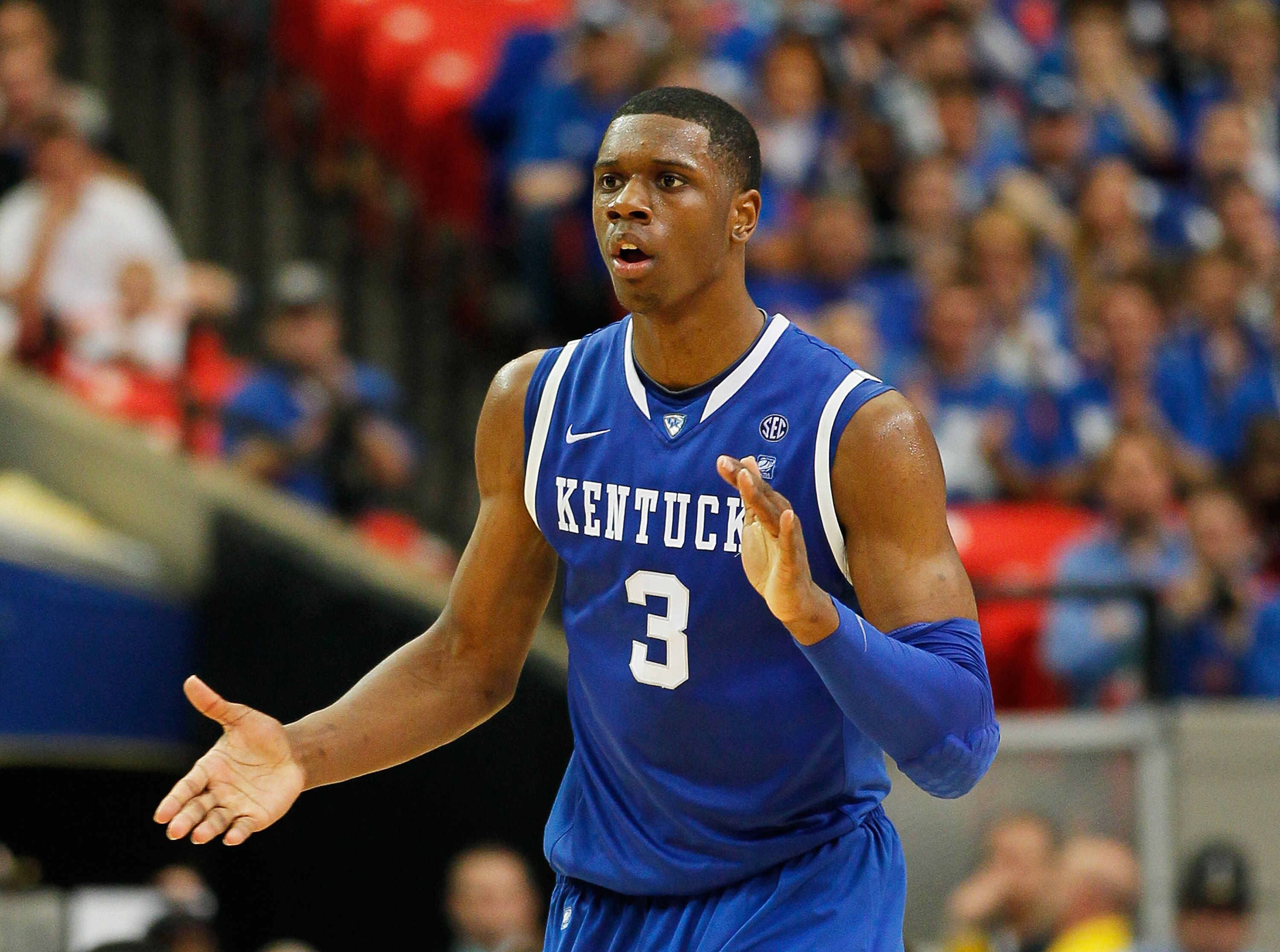 ATLANTA, GA - MARCH 13:  Terrence Jones #3 of the Kentucky Wildcats reacts against the Florida Gators in the championship game of the SEC Men's Basketball Tournament at Georgia Dome on March 13, 2011 in Atlanta, Georgia.  (Photo by Kevin C. Cox/Getty Imag