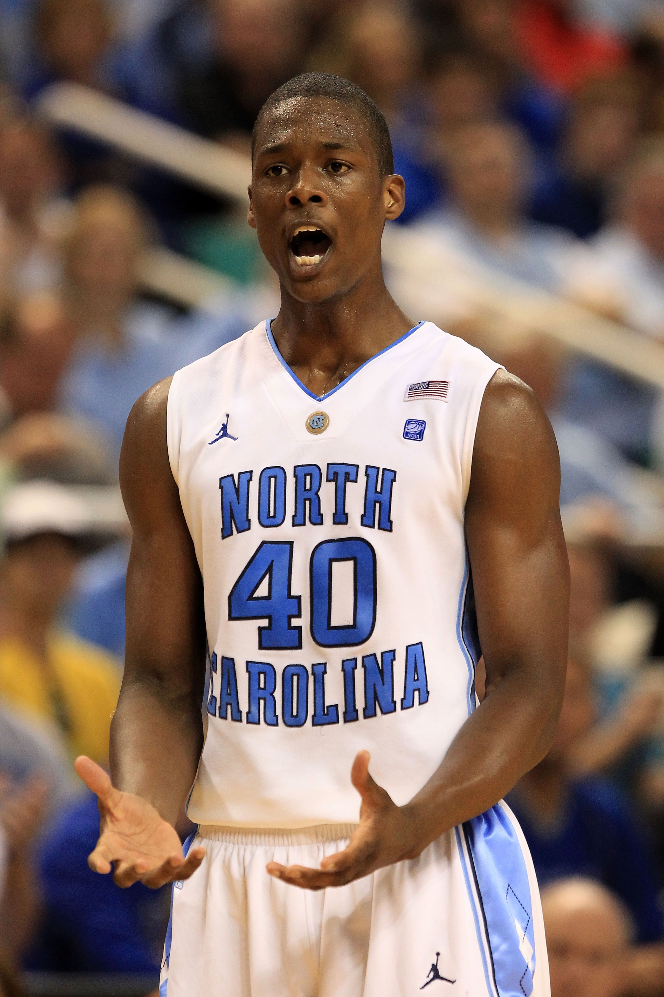 GREENSBORO, NC - MARCH 12:  Harrison Barnes #40 of the North Carolina Tar Heels reacts during the first half against the Clemson Tigers in the semifinals of the 2011 ACC men's basketball tournament at the Greensboro Coliseum on March 12, 2011 in Greensbor