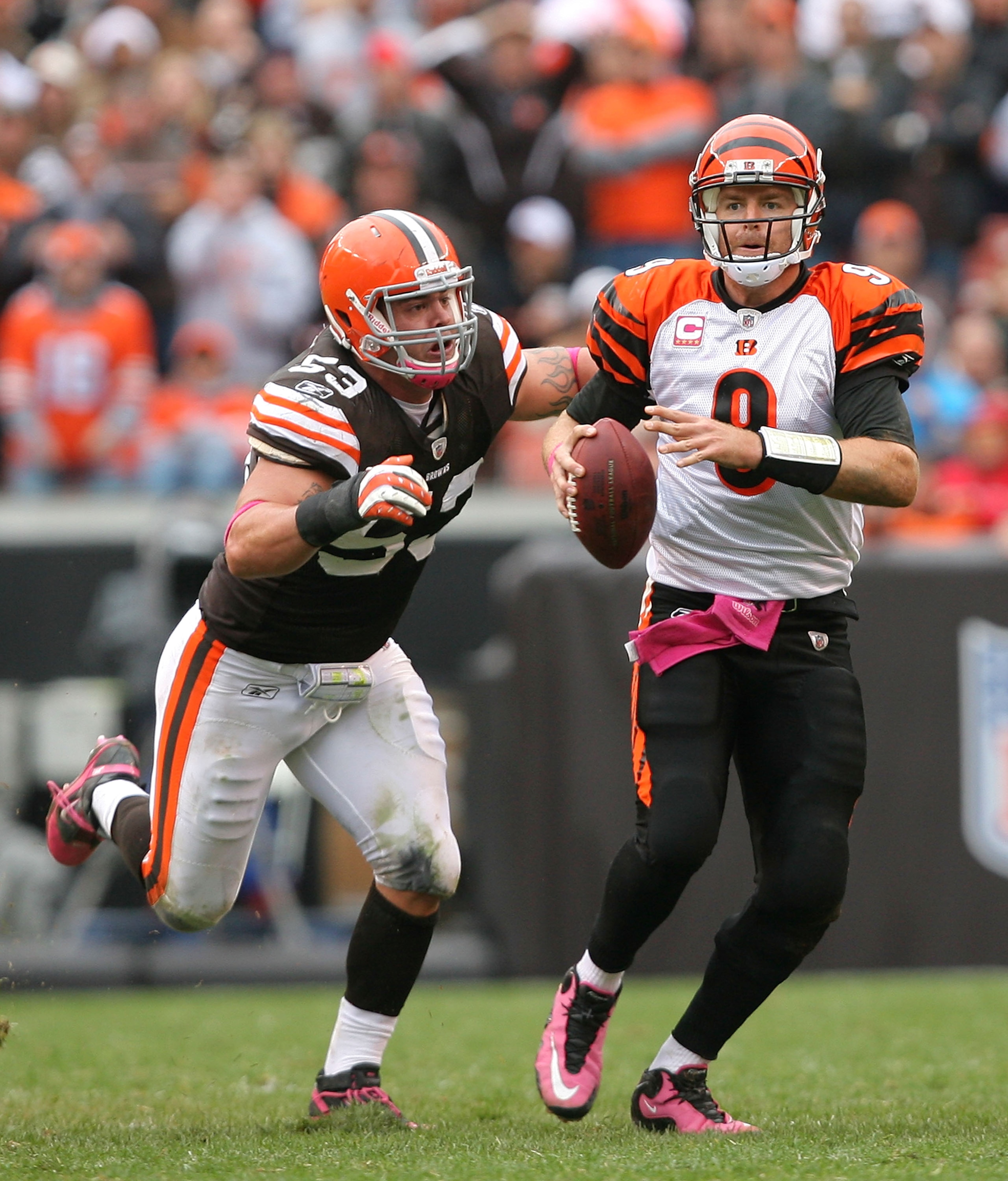 CLEVELAND - OCTOBER 03: Matt Roth #53 of the Cleveland Browns sacks quarterback Carson Palmer #9 of the Cincinnati Bengals at Cleveland Browns Stadium on October 3, 2010 in Cleveland, Ohio. (Photo by Matt Sullivan/Getty Images) CLEVELAND - OCTOBER 03: Matt Roth #53 of the Cleveland Browns sacks quarterback Carson Palmer #9 of the Cincinnati Bengals at Cleveland Browns Stadium on October 3, 2010 in Cleveland, Ohio. (Photo by Matt Sullivan/Getty Images)