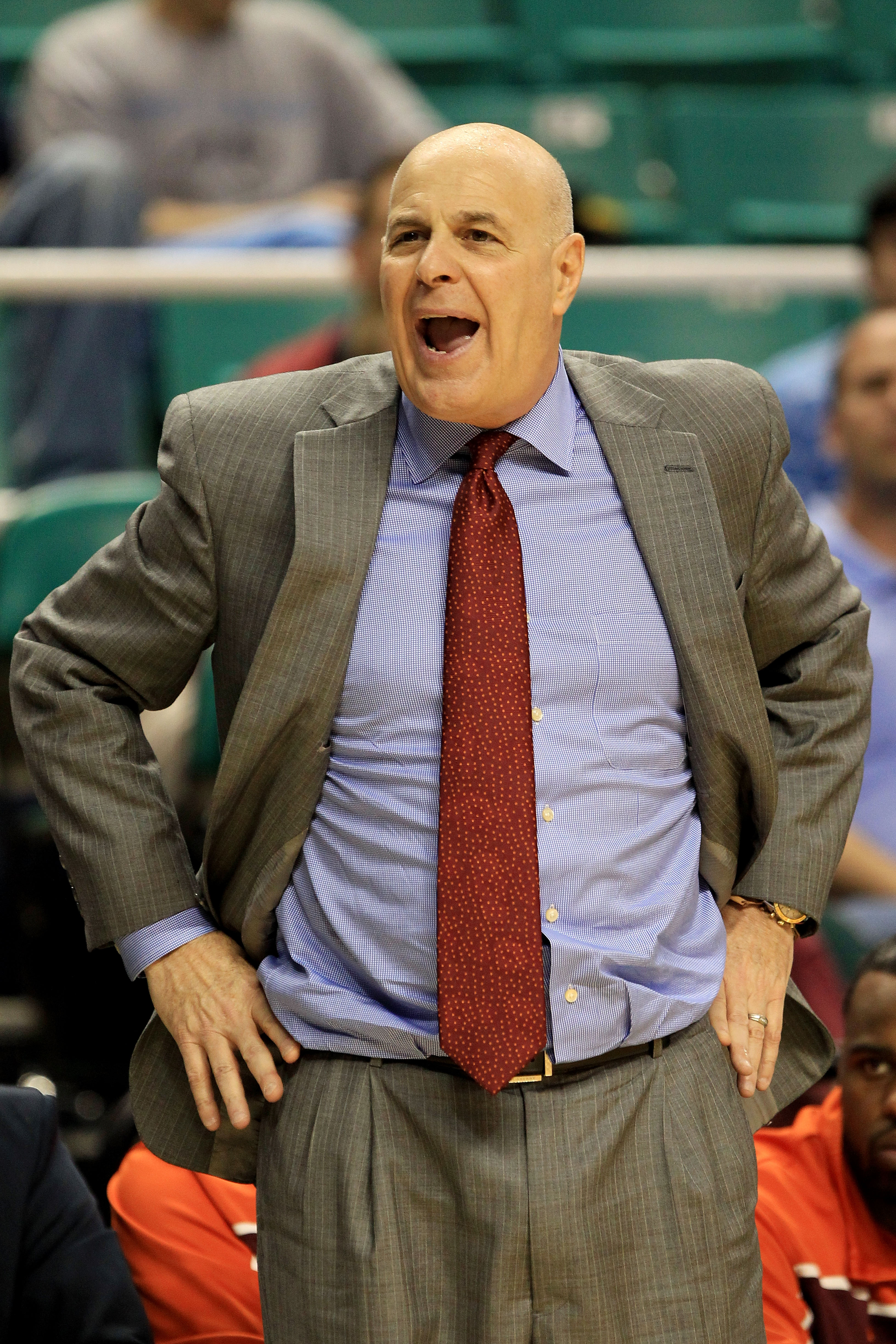 GREENSBORO, NC - MARCH 12:  Head coach Seth Greenberg of the Virginia Tech Hokies reacts during the second half against the Duke Blue Devils in the semifinals of the 2011 ACC men's basketball tournament at the Greensboro Coliseum on March 12, 2011 in Gree