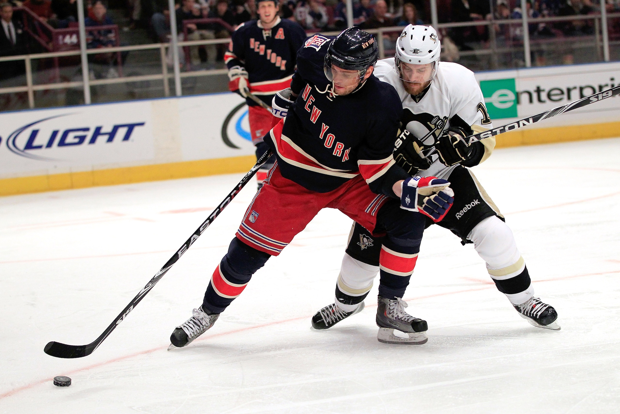 NEW YORK, NY - FEBRUARY 13: Marian Gaborik #10 of the New York Rangers controls the puck from Brett Sterling #12 of the Pittsburgh Penguins at Madison Square Garden on February 13, 2011 in New York City. (Photo by Chris Trotman/Getty Images) NEW YORK, NY - FEBRUARY 13: Marian Gaborik #10 of the New York Rangers controls the puck from Brett Sterling #12 of the Pittsburgh Penguins at Madison Square Garden on February 13, 2011 in New York City. (Photo by Chris Trotman/Getty Images)