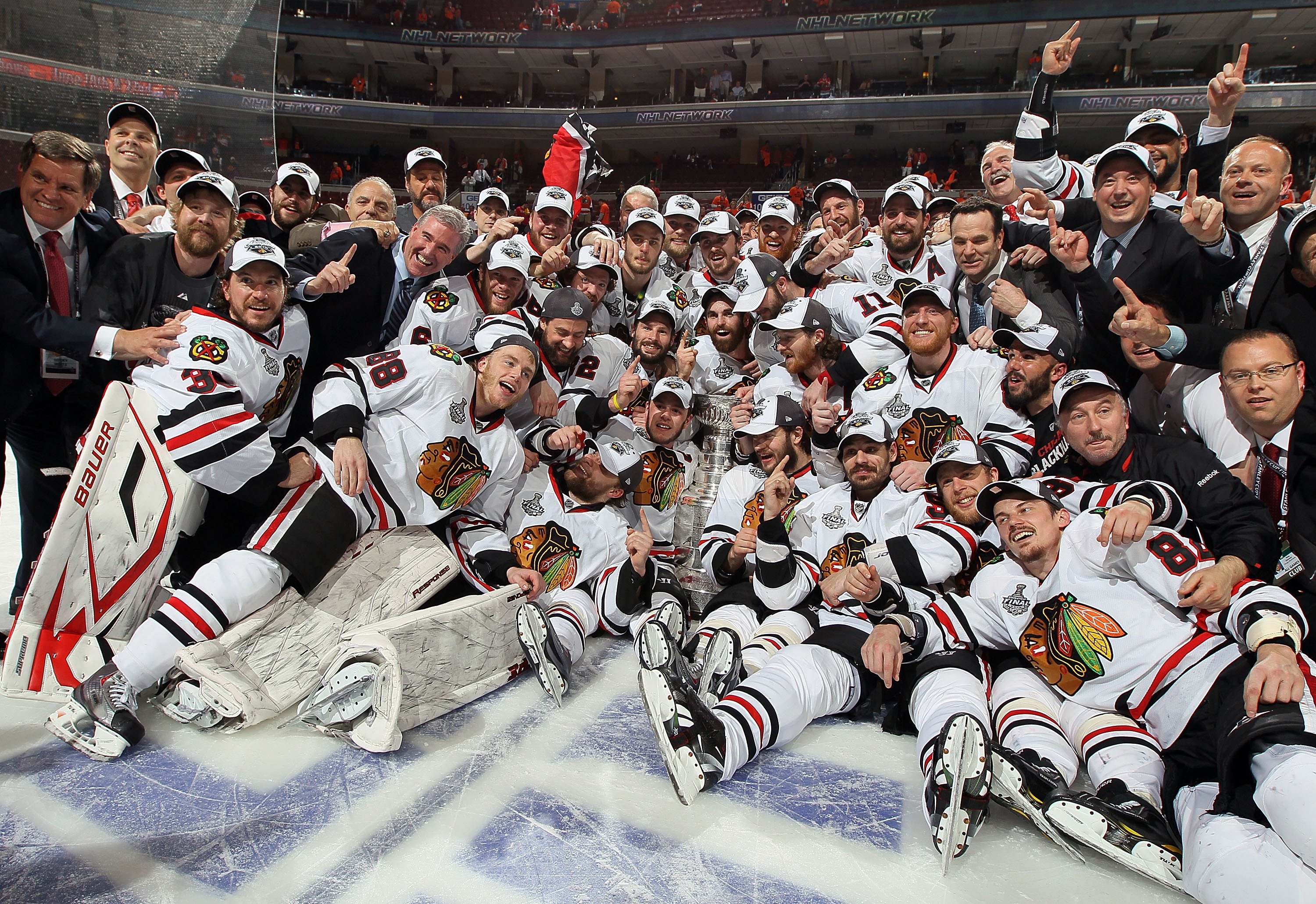 PHILADELPHIA - JUNE 09:  The Chicago Blackhawks pose for a team photo after defeating the Philadelphia Flyers 4-3 in overtime and win the Stanley Cup in Game Six of the 2010 NHL Stanley Cup Final at the Wachovia Center on June 9, 2010 in Philadelphia, Pen