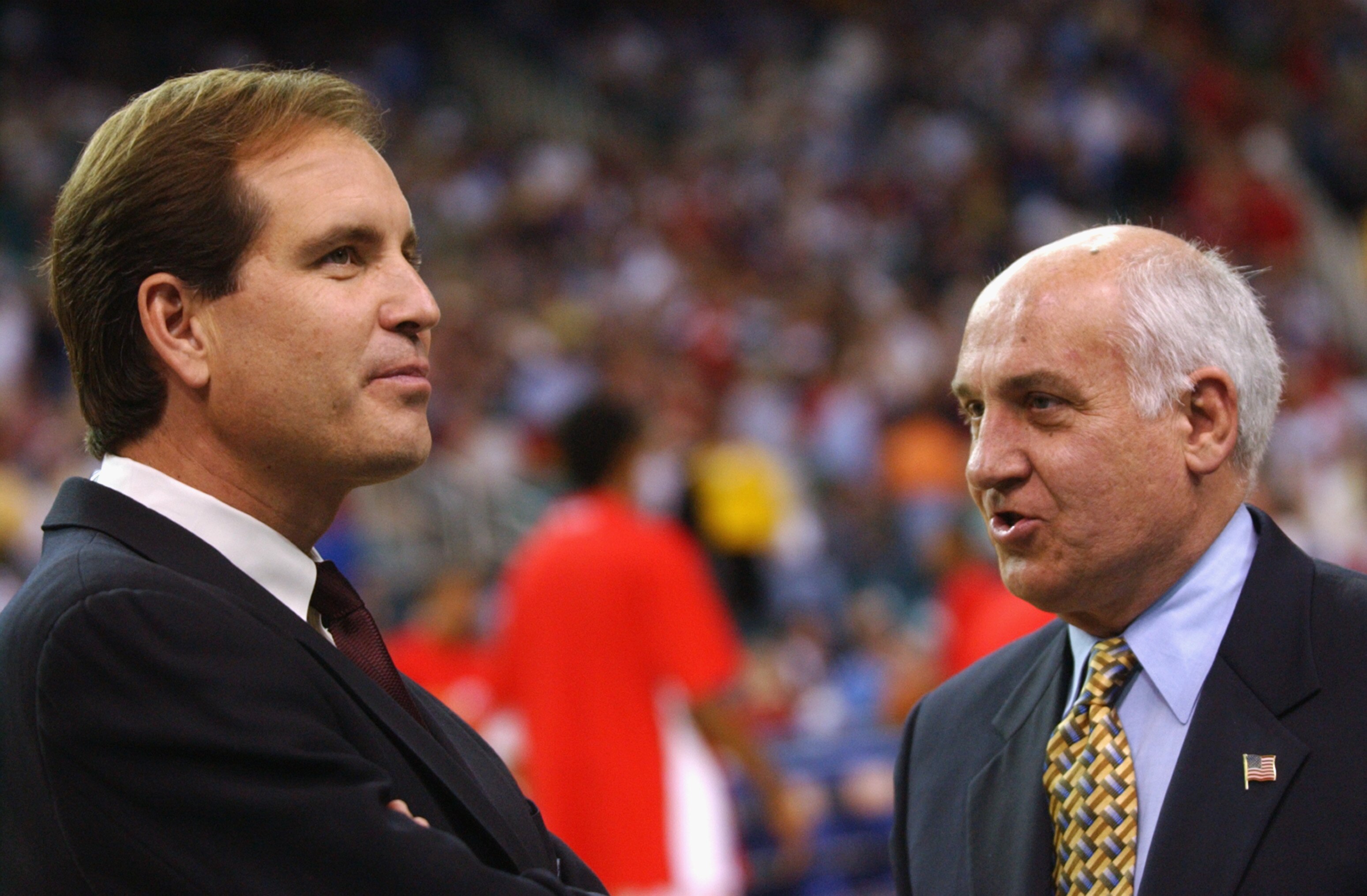 ATLANTA - MARCH 30:  Jim Nance and Billy Packer of CBS Sports stand on the court during the semifinal round of the NCAA Men's Final Four between the Indiana Hoosiers and the Oklahoma Sooners on March 30, 2002 at the Georgia Dome in Atlanta, Georgia.  Indi