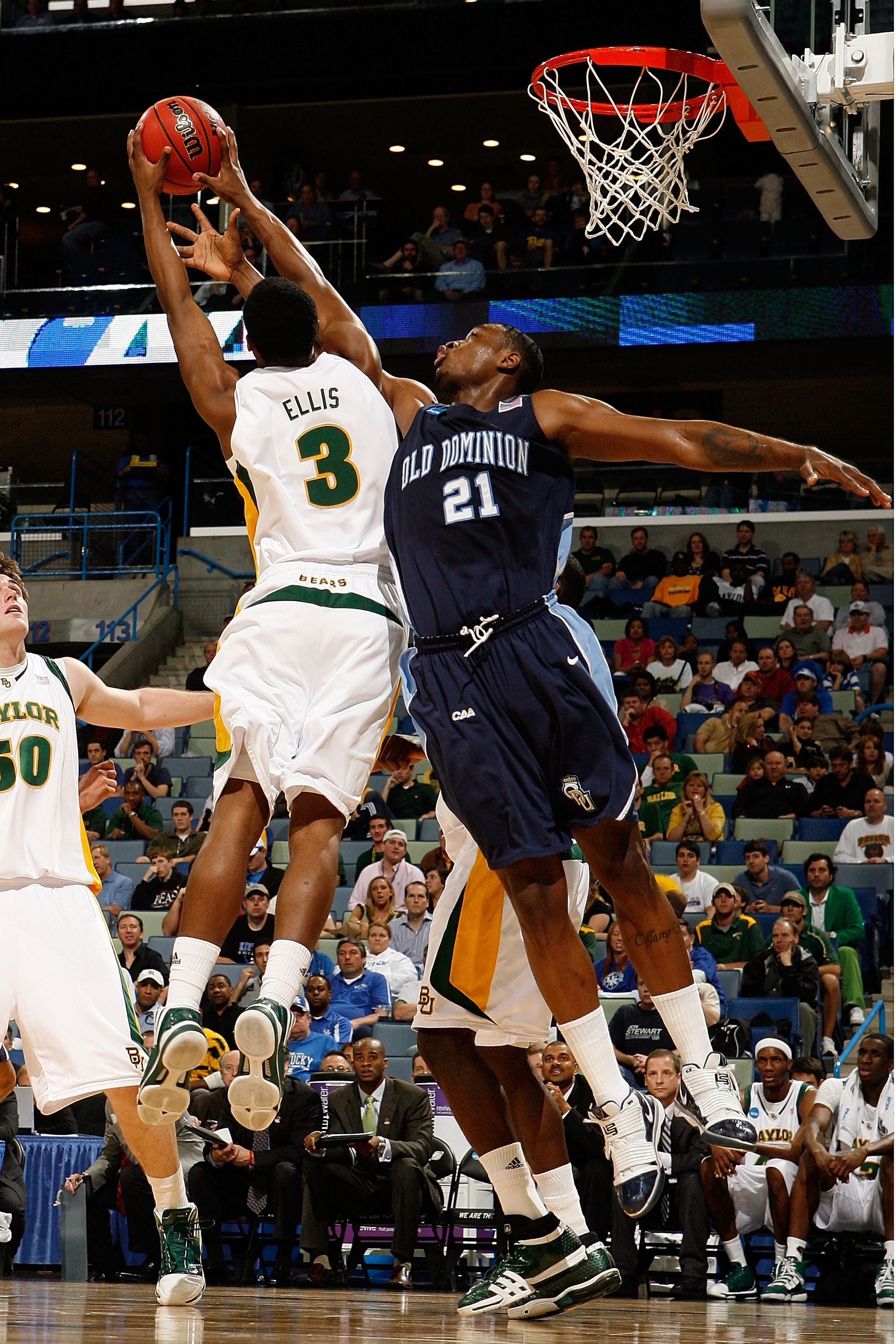 NEW ORLEANS - MARCH 20:  Frank Hassell #21 of the Old Dominion University Monarchs fights for a rebound with Fred Ellis #3 of the Baylor Bears during the second round of the 2010 NCAA men's basketball tournament at the New Orleans Arena on March 20, 2010