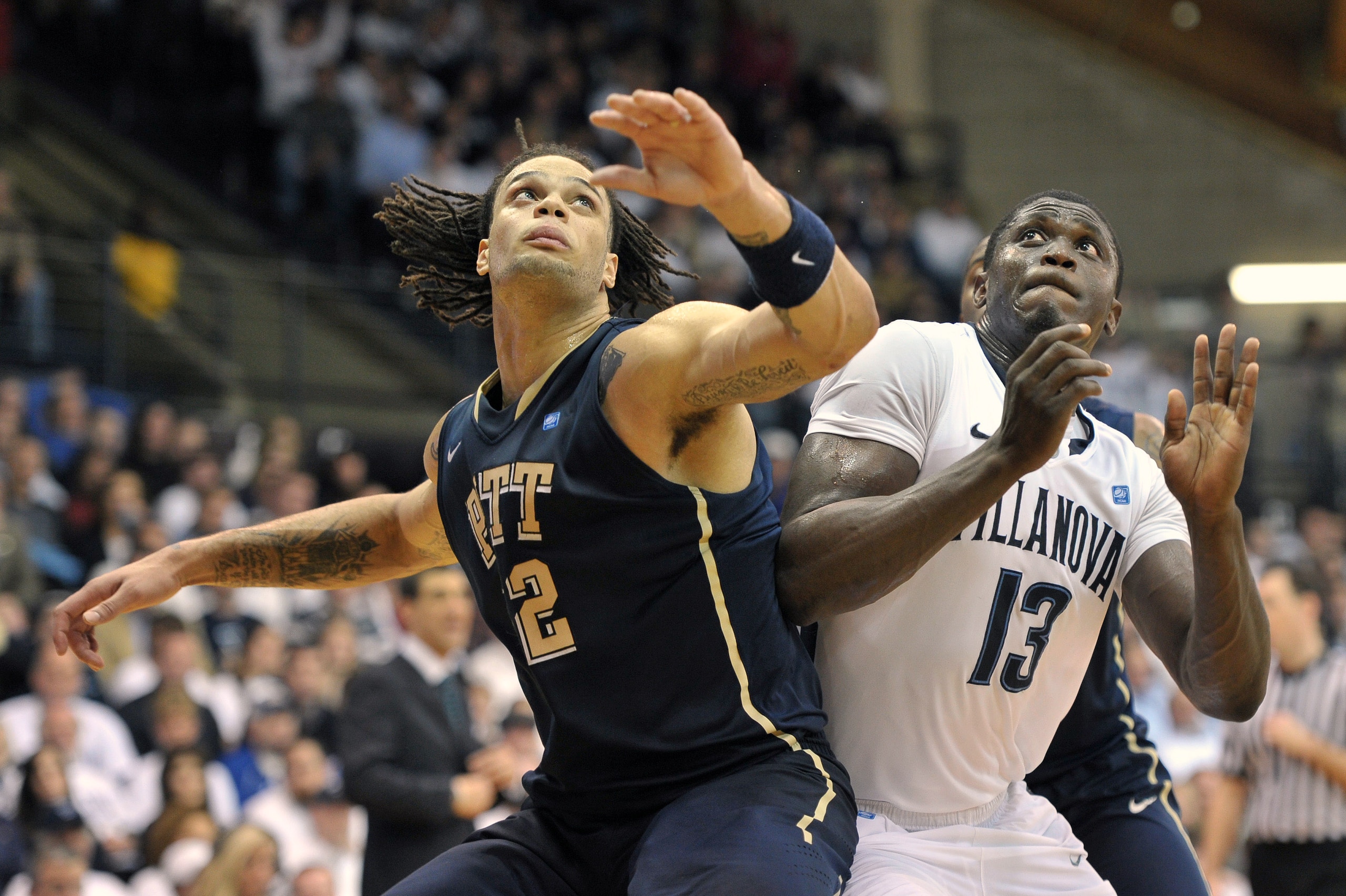 VILLANOVA, PA - FEBRUARY 12: Gary McGhee #52 of the Pittsburgh Panthers blocks out Mouphtaou Yarou #13 of the Villanova Wildcats at The Pavilion on February 12, 2011 in Villanova, Pennsylvania. Pittsburgh won 57-54.  (Photo by Drew Hallowell/Getty Images)