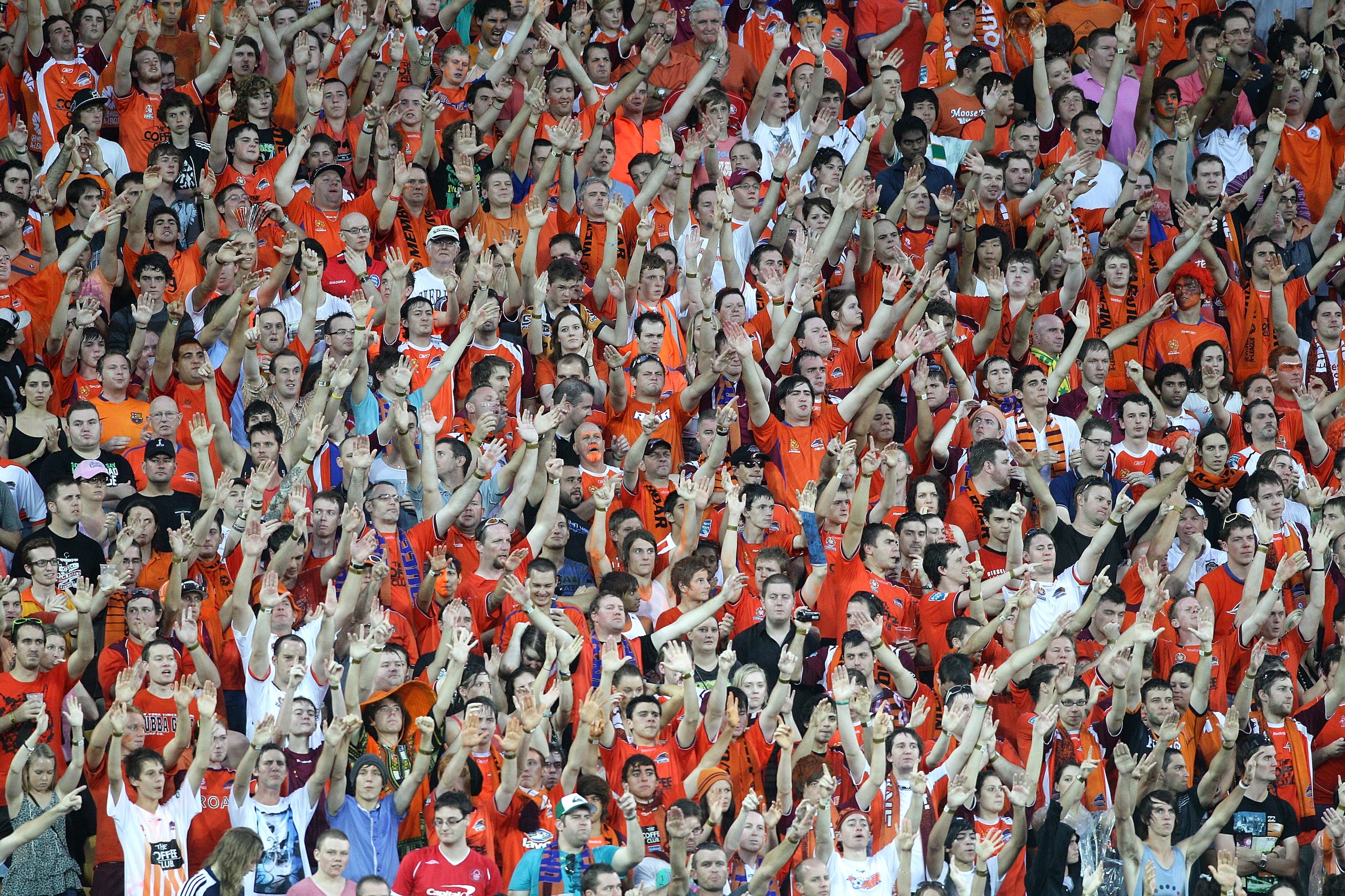 BRISBANE, AUSTRALIA - MARCH 13:  Roar fans show their support during the A-League Grand Final match between the Brisbane Roar and the Central Coast Mariners at Suncorp Stadium on March 13, 2011 in Brisbane, Australia.  (Photo by Bradley Kanaris/Getty Imag