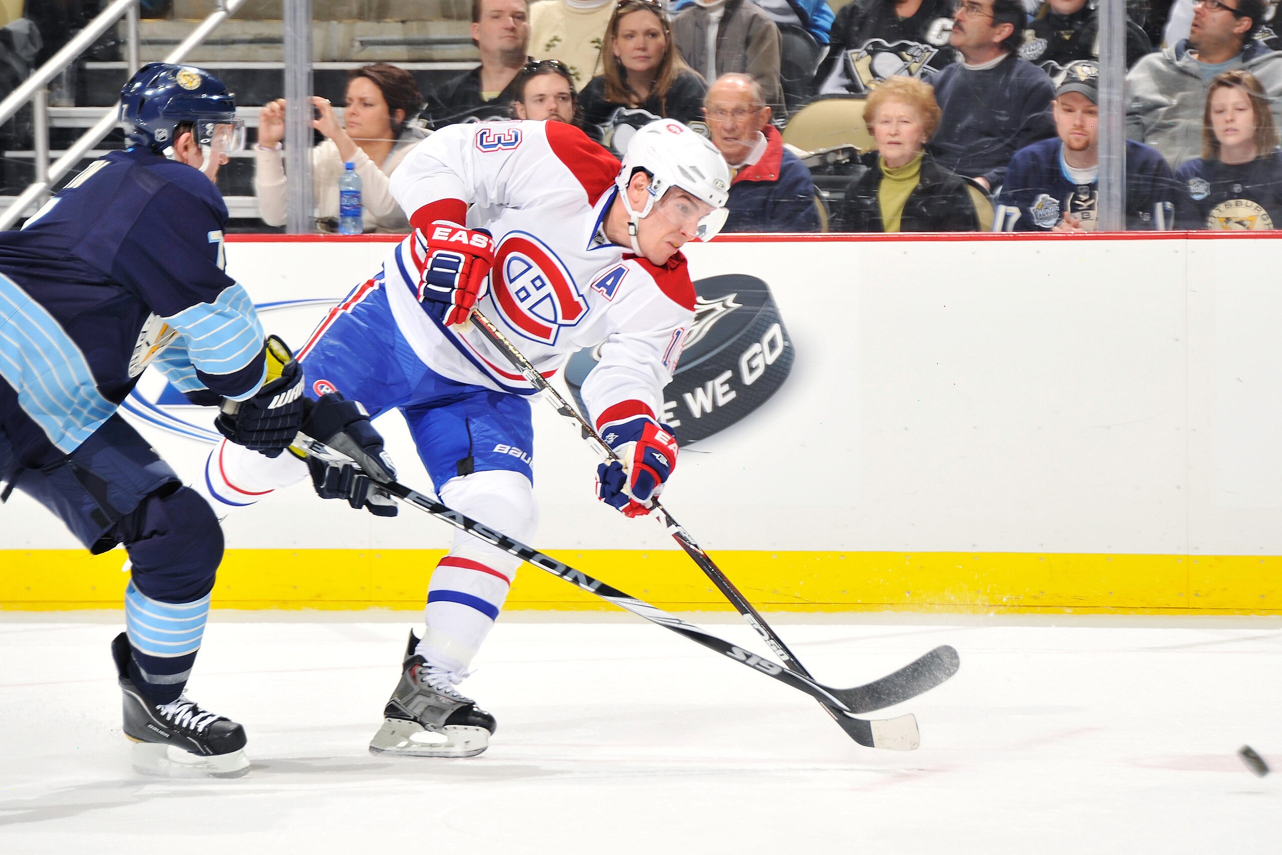 PITTSBURGH, PA - MARCH 12:  Michael Cammalleri #13 of the Montreal Canadiens takes a shot on goal against the Pittsburgh Penguins on March 12, 2011 at CONSOL Energy Center in Pittsburgh, Pennsylvania. Cammalleri had a goal and an assist in Montreal's 3-0