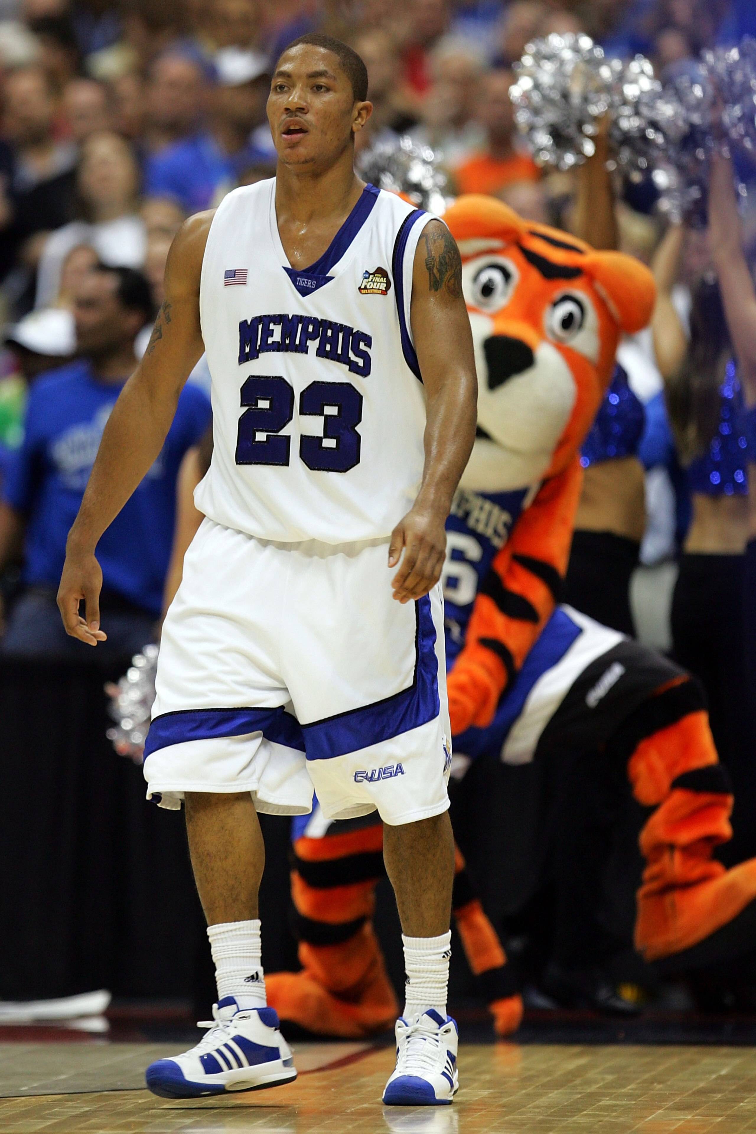 SAN ANTONIO - APRIL 07:  Derrick Rose #23 of the Memphis Tigers reacts in the second half after making a shot against the Kansas Jayhawks during the 2008 NCAA Men's National Championship game at the Alamodome on April 7, 2008 in San Antonio, Texas.  (Phot