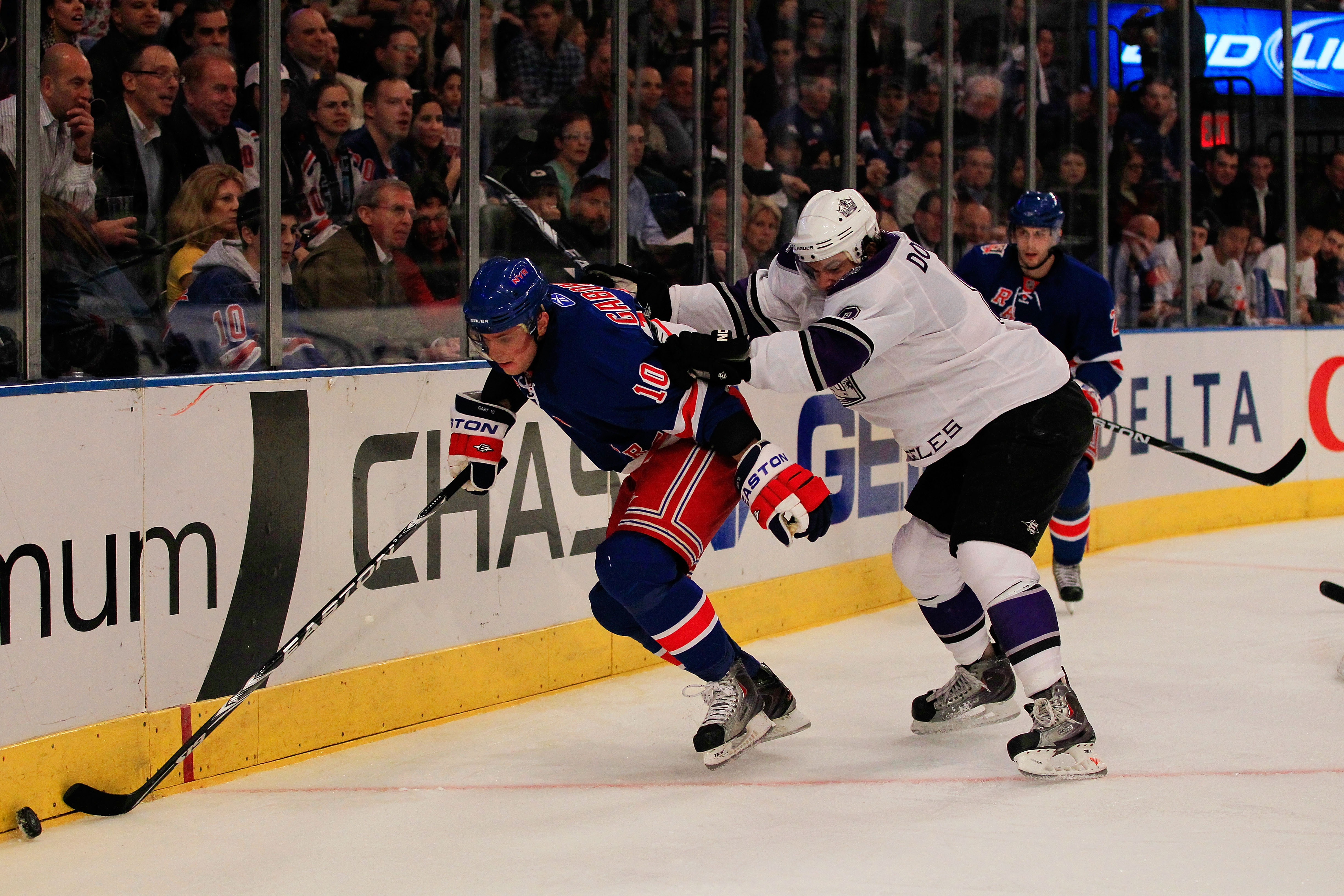 NEW YORK, NY - FEBRUARY 17: Marian Gaborik #10 of the New York Rangers controls the puck from Drew Doughty #8 of the Los Angeles Kings at Madison Square Garden on February 17, 2011 in New York City. (Photo by Chris Trotman/Getty Images)