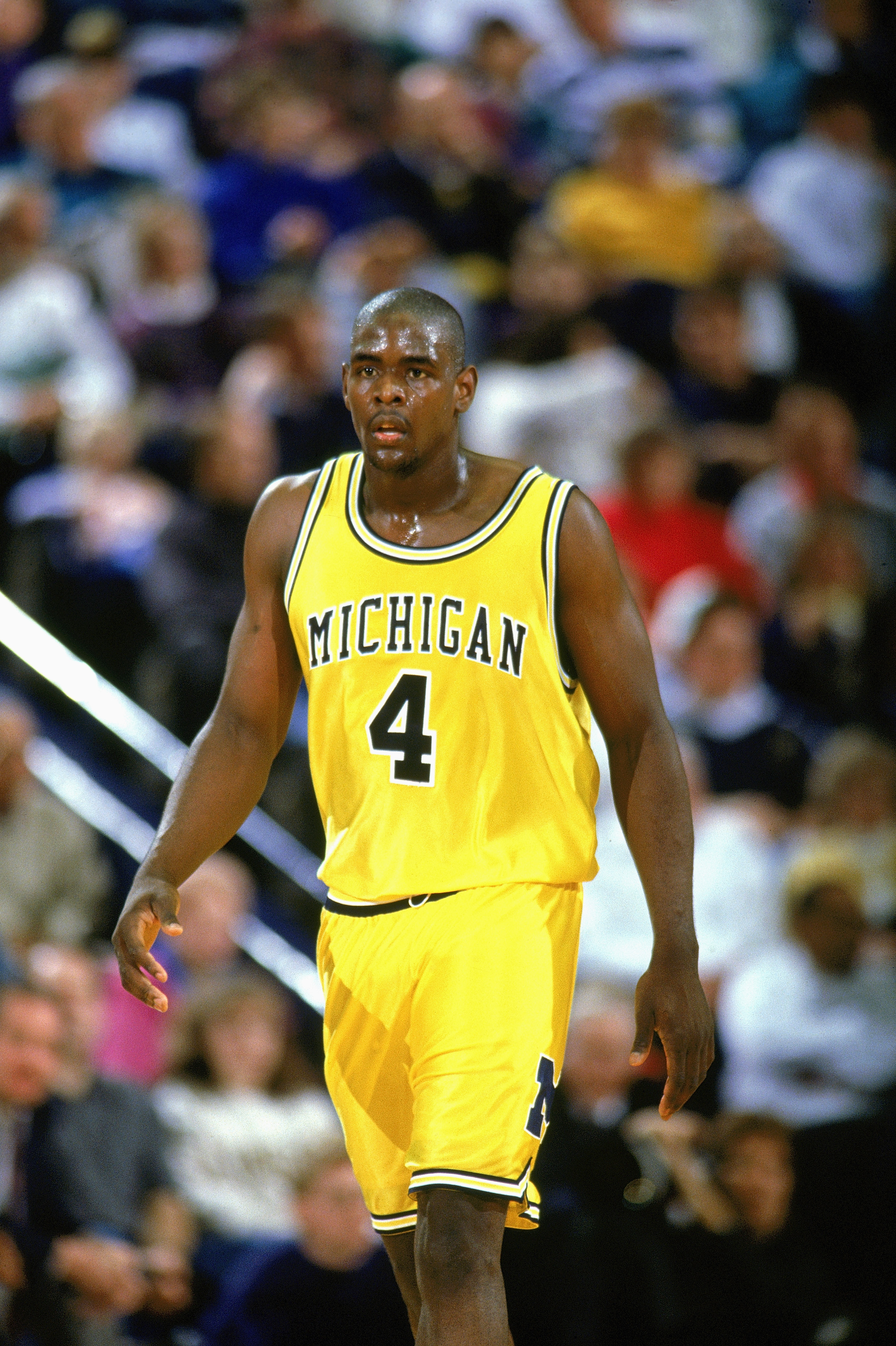 ANN ARBOR, MI - FEBRUARY 20:  University of Michigan star forward Chris Webber strolls upcourt during a game against the University of Minnesota Golden Gophers on February 20, 1993 in Ann Arbor, Michigan. Chris Webber was part of the top recruiting class