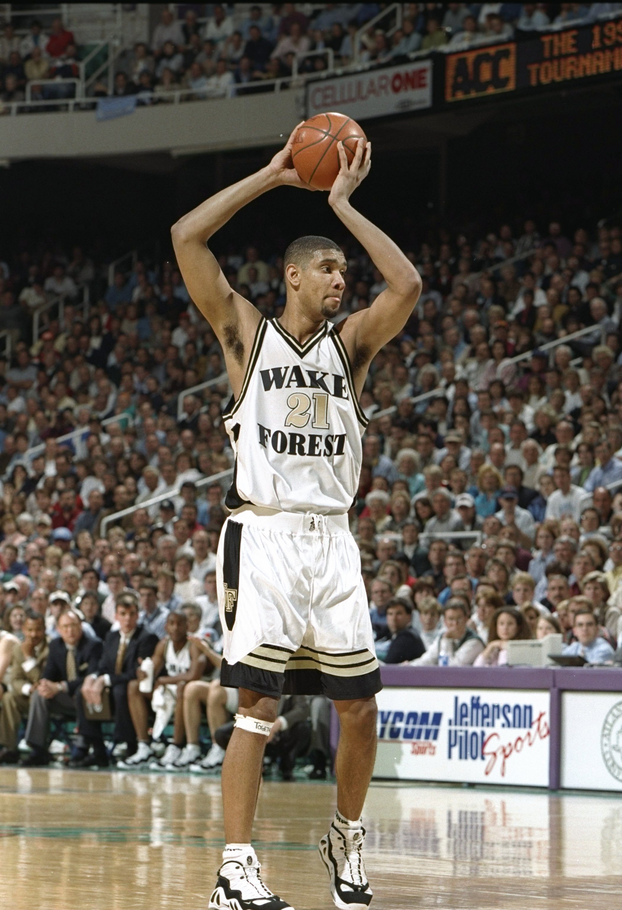 8 Mar 1997: Center Tim Duncan of the Wake Forest Demon Deacons stands on the court with the ball during a playoff game against the North Carolina Tarheels at the Greensboro Coliseum in Greensboro, North Carolina. North Carolina won the game 86-73.