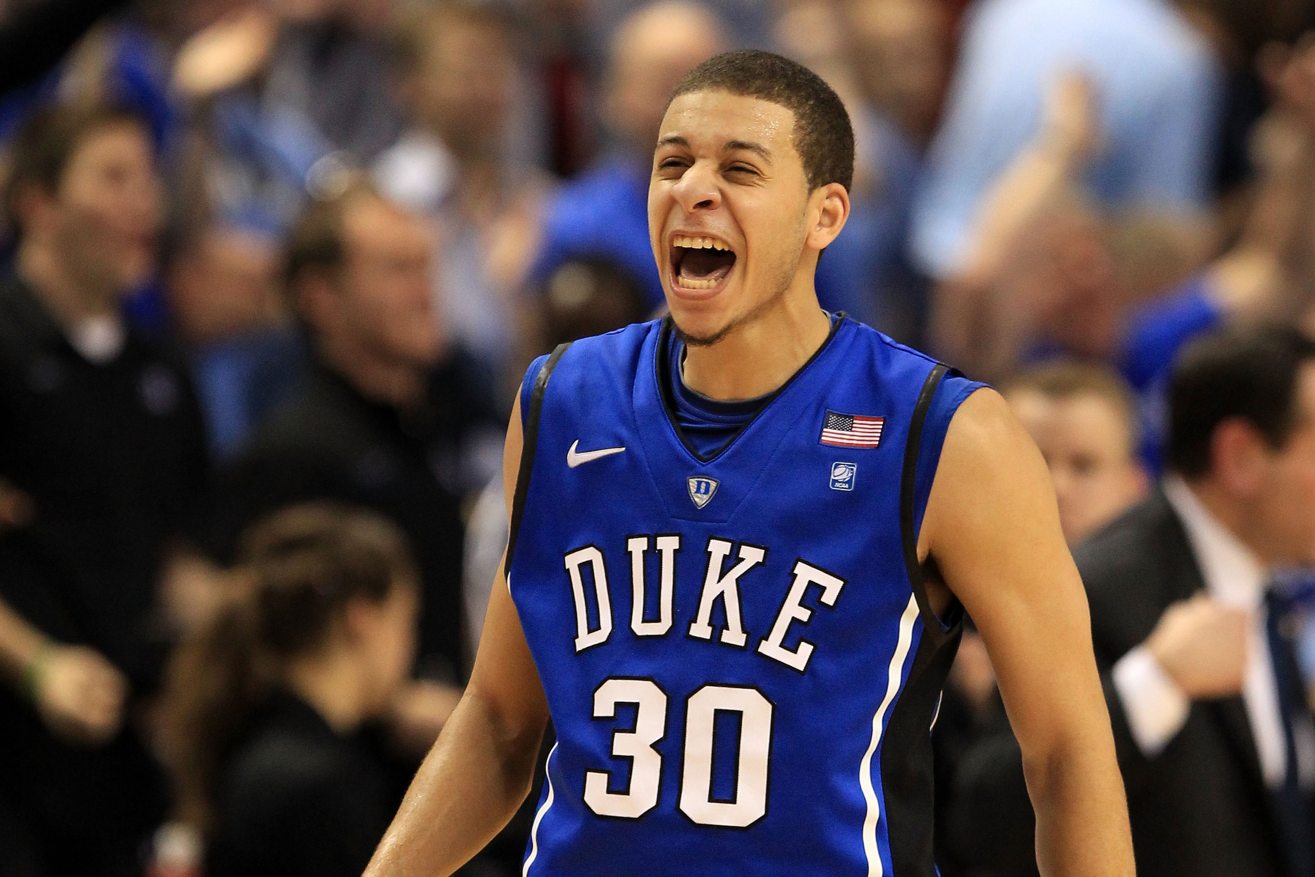 GREENSBORO, NC - MARCH 13:  Seth Curry #30 of the Duke Blue Devils celebrates their 75-58 victory over the North Carolina Tar Heels in the championship game of the 2011 ACC men's basketball tournament at the Greensboro Coliseum on March 13, 2011 in Greens