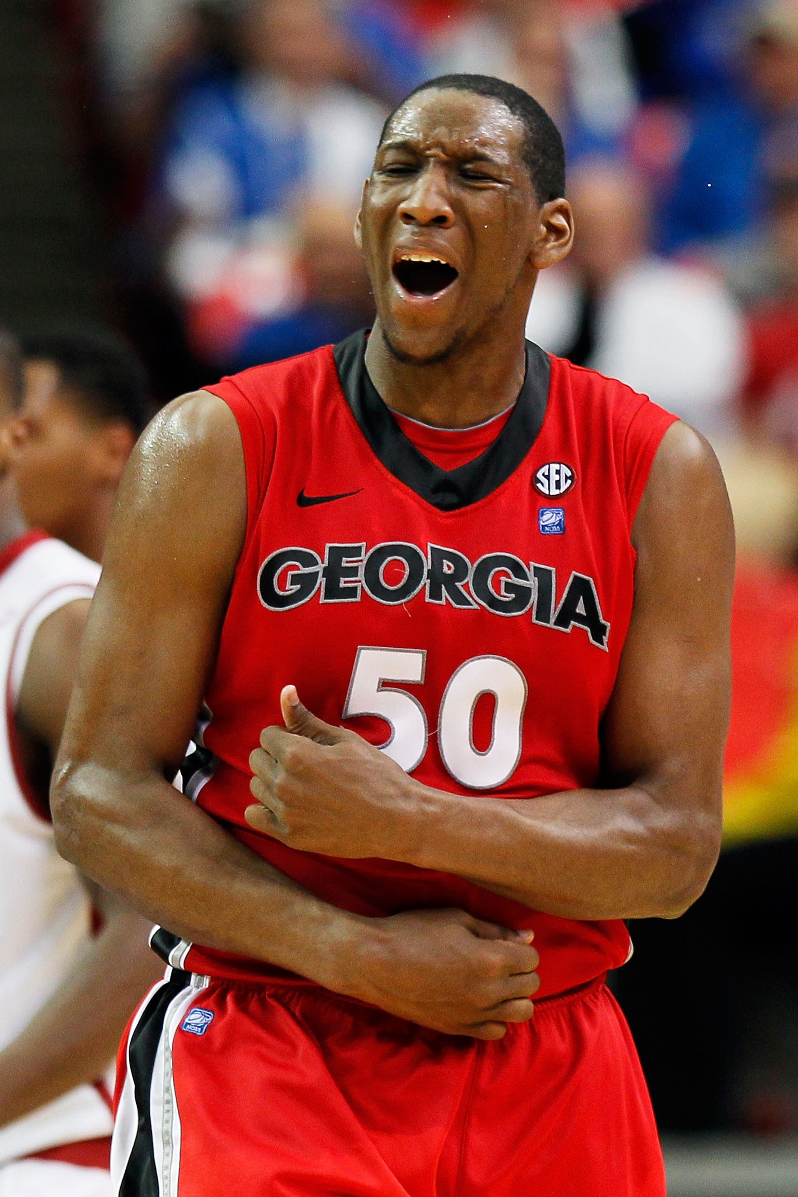 ATLANTA, GA - MARCH 11:  Jeremy Price #50 of the Georgia Bulldogs reacts to a call during the second half of their game against the Alabama Crimson Tide in the quarterfinals of the SEC Men's Basketball Tournament at Georgia Dome on March 11, 2011 in Atlan