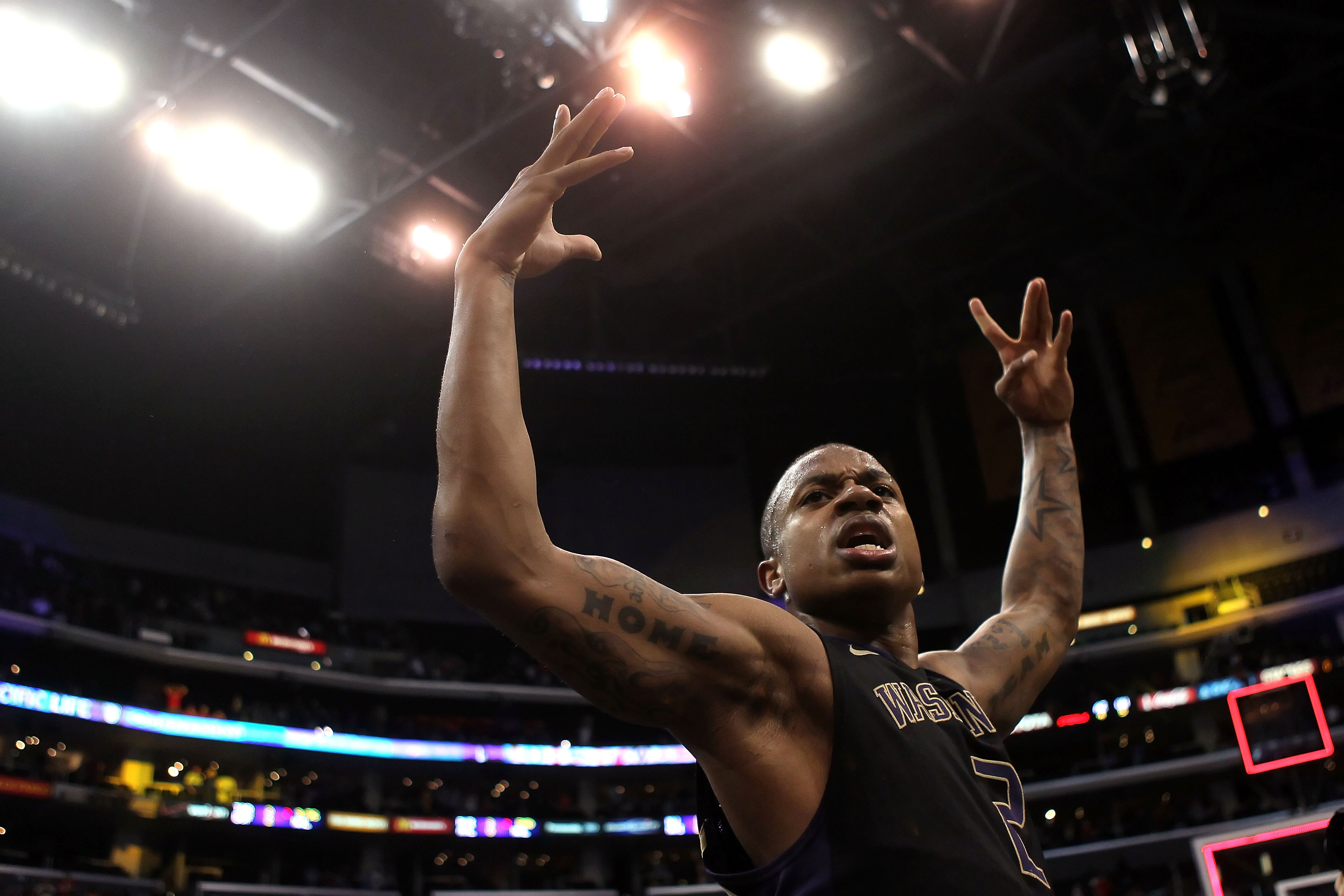 LOS ANGELES, CA - MARCH 12:  Isaiah Thomas #2 of the Washington Huskies reacts after making a last-second shot in overtime to defeat the Arizona Wildcats 77-75 in the championship game of the 2011 Pacific Life Pac-10 Men's Basketball Tournament at Staples