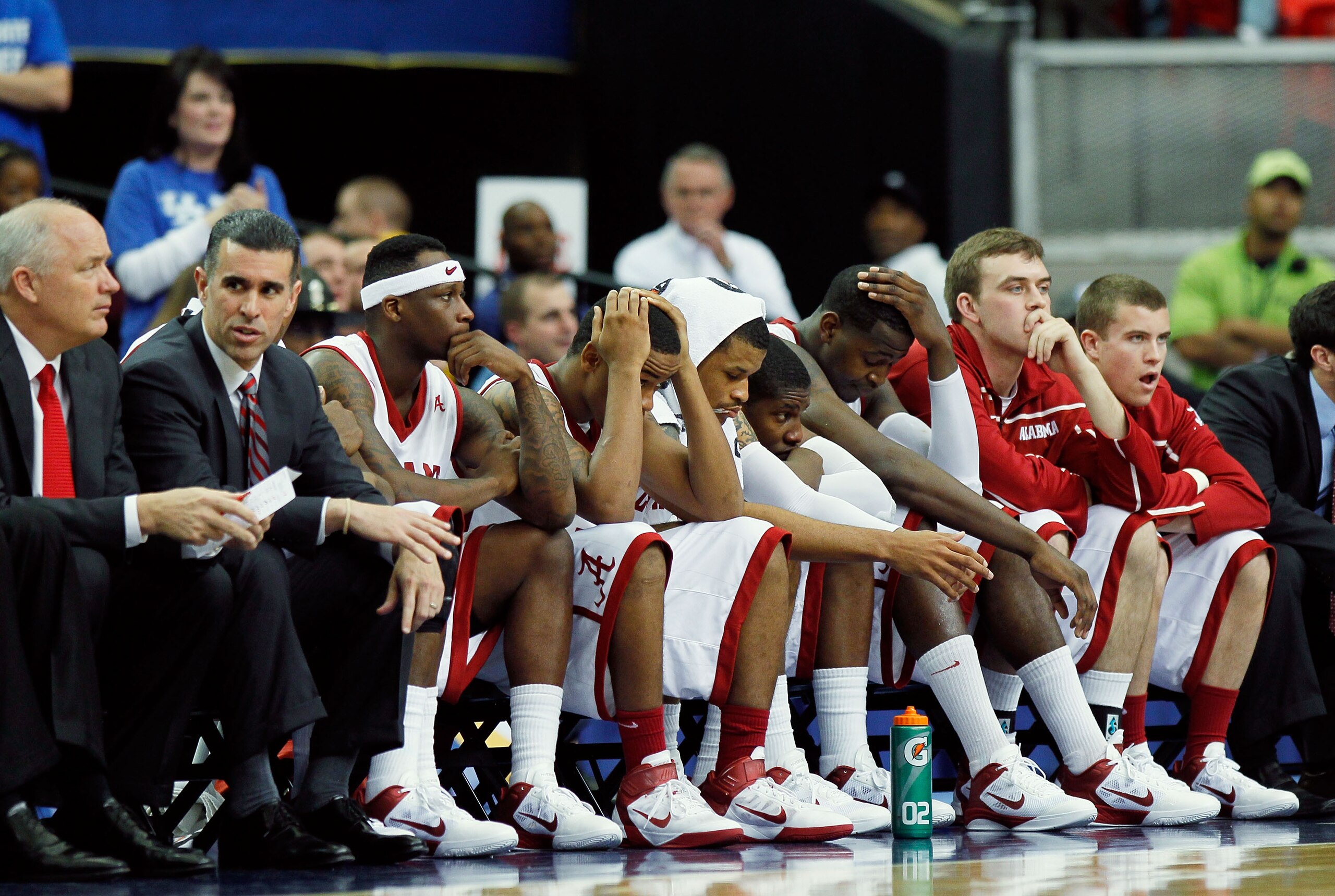 ATLANTA, GA - MARCH 12:  The Alabama Crimson Tide bench looks on during their 58 to 72 loss to the Kentucky Wildcats during the semifinals of the SEC Men's Basketball Tournament at Georgia Dome on March 12, 2011 in Atlanta, Georgia.  (Photo by Kevin C. Co