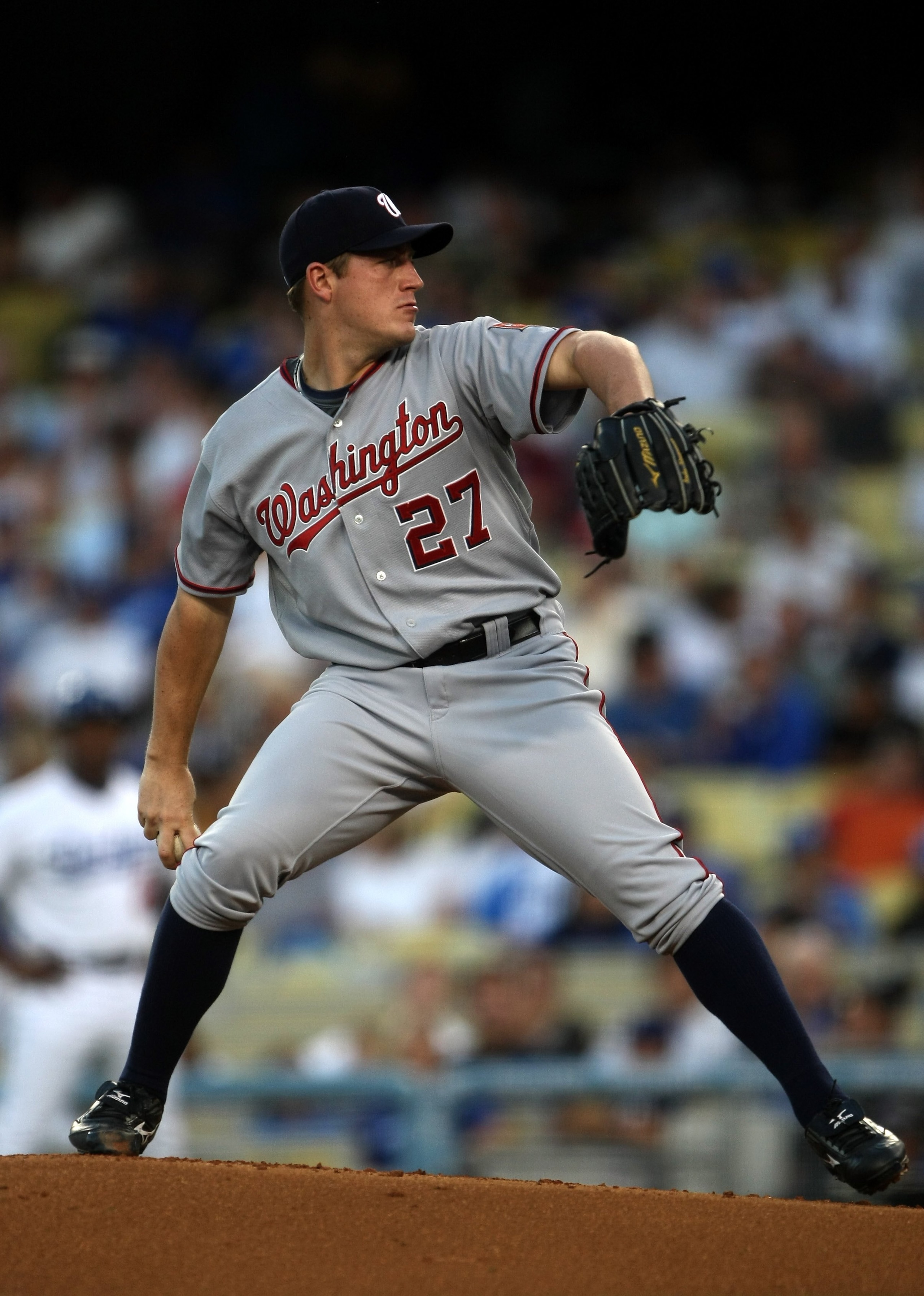 LOS ANGELES, CA - MAY 07:  Pitcher Jordan Zimmermann #27 of the Washington Nationals throws a pitch against the Los Angeles Dodgers on May 7, 2009 at Dodger Stadium in Los Angeles, California.  The Nationals won 11-9.  (Photo by Stephen Dunn/Getty Images)