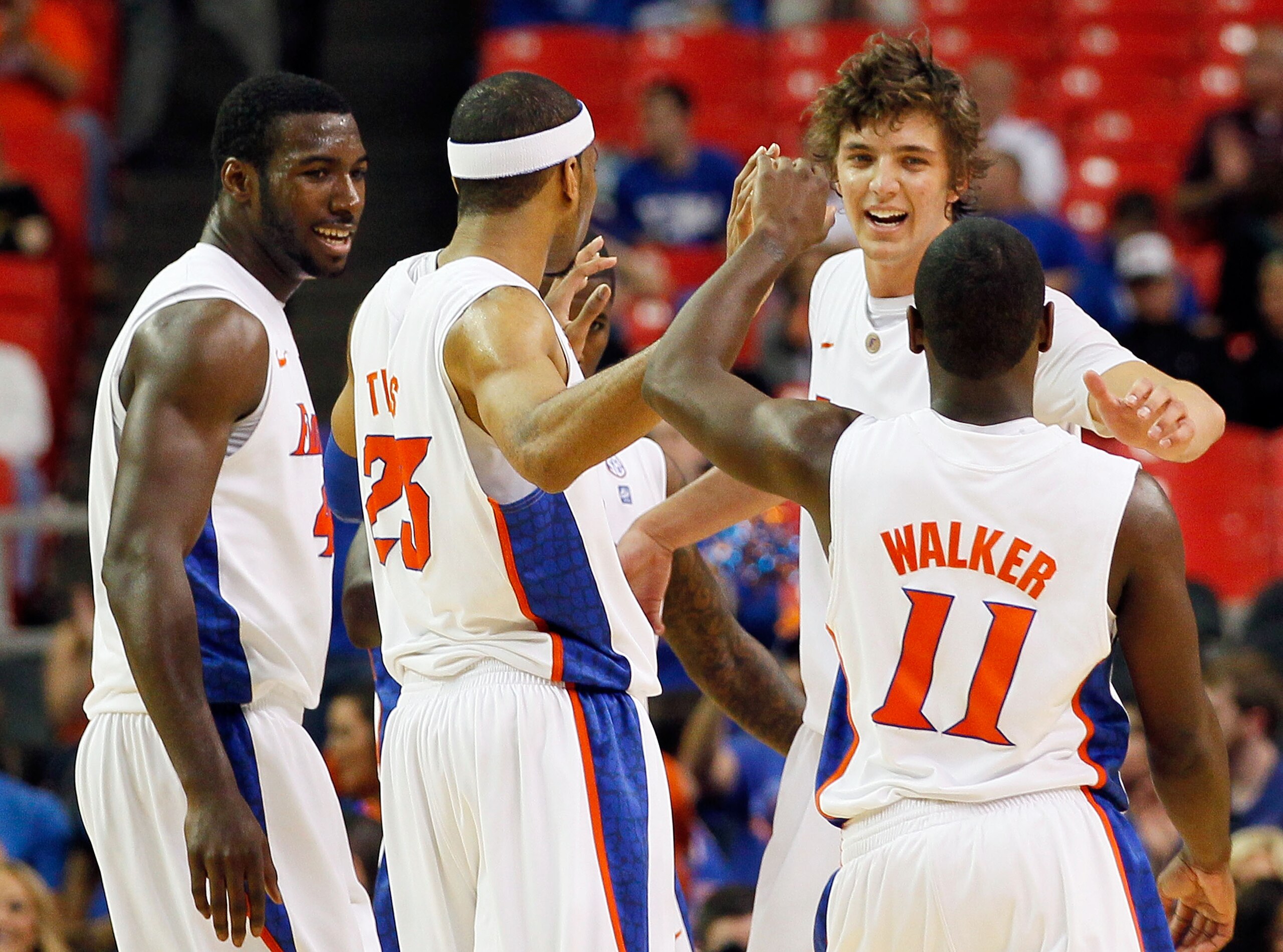 ATLANTA, GA - MARCH 12: The Florida Gators celebrate after defeating the Vanderbilt Commodores 77 to 66 during the semifinals of the SEC Men's Basketball Tournament at Georgia Dome on March 12, 2011 in Atlanta, Georgia. (Photo by Kevin C. Cox/Getty Imag ATLANTA, GA - MARCH 12: The Florida Gators celebrate after defeating the Vanderbilt Commodores 77 to 66 during the semifinals of the SEC Men's Basketball Tournament at Georgia Dome on March 12, 2011 in Atlanta, Georgia. (Photo by Kevin C. Cox/Getty Imag