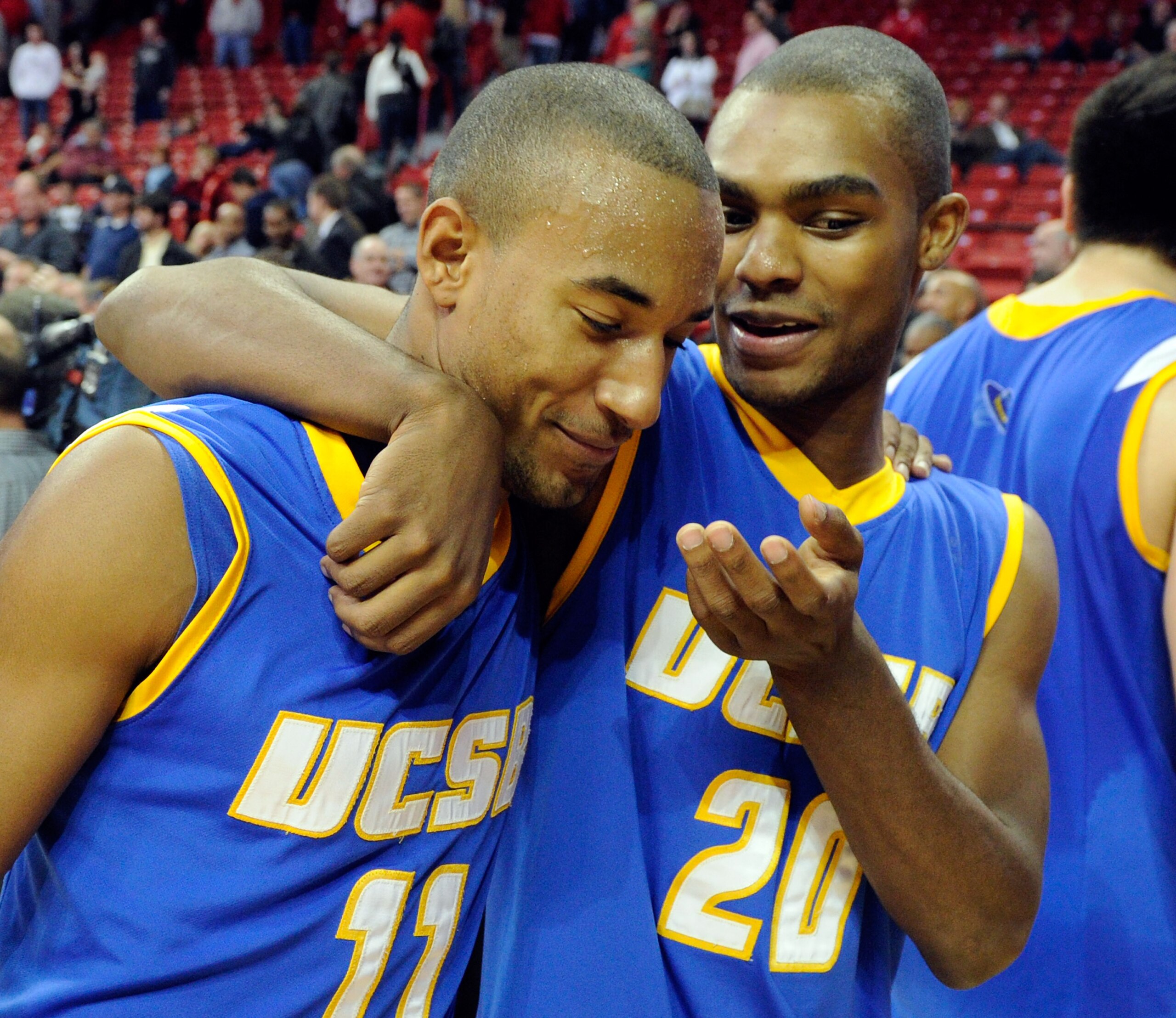 LAS VEGAS, NV - DECEMBER 15: Justin Joyner #11 and Will Brew #20 of the UC Santa Barbara Gauchos celebrate their 68-62 win over the UNLV Rebels at the Thomas & Mack Center December 15, 2010 in Las Vegas, Nevada. (Photo by Ethan Miller/Getty Images) LAS VEGAS, NV - DECEMBER 15: Justin Joyner #11 and Will Brew #20 of the UC Santa Barbara Gauchos celebrate their 68-62 win over the UNLV Rebels at the Thomas & Mack Center December 15, 2010 in Las Vegas, Nevada. (Photo by Ethan Miller/Getty Images)