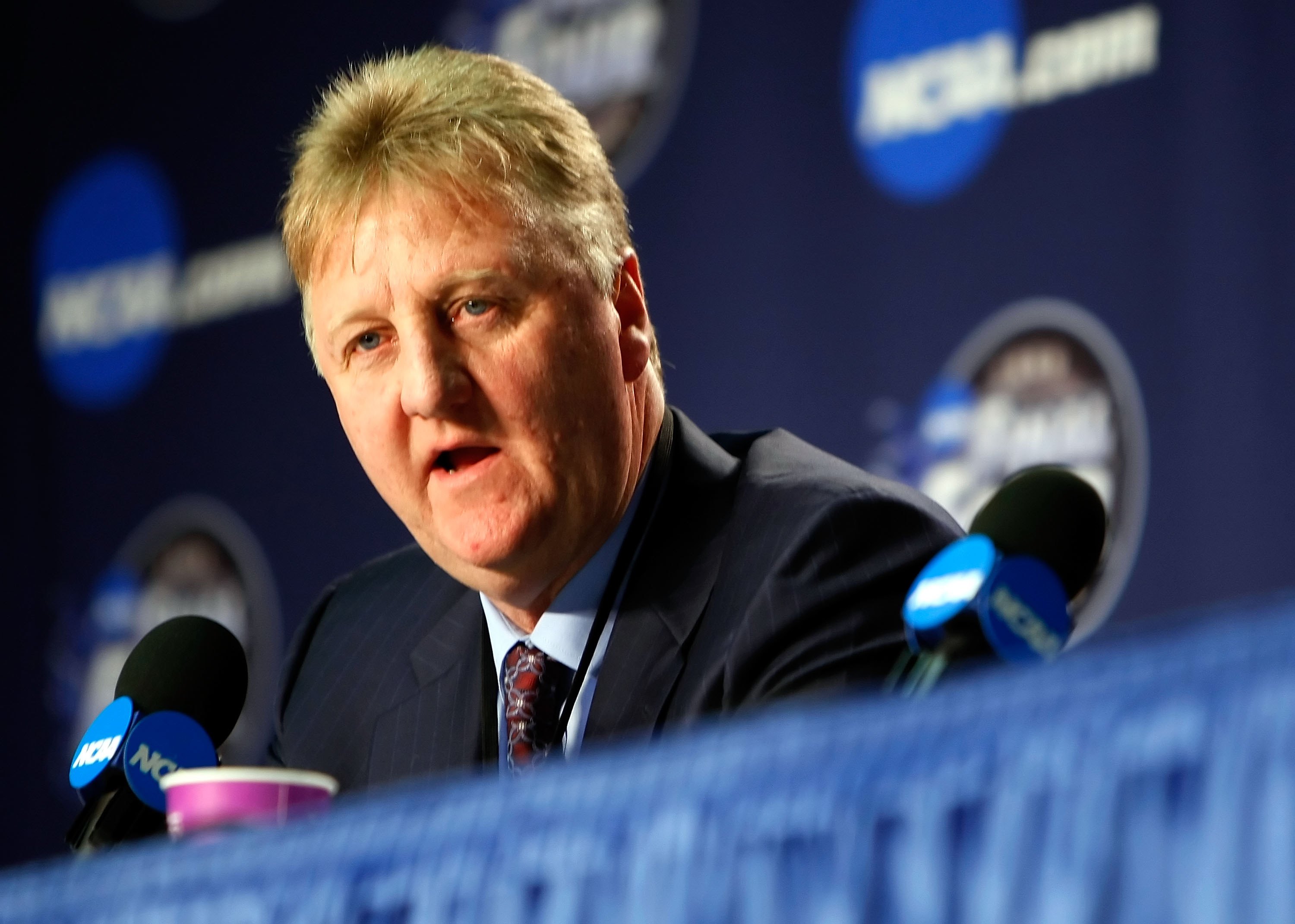 DETROIT - APRIL 06:  Larry Bird answers questions with Earvin 'Magic' Johnson (not pictured) during a news conference to relive their 1979 NCAA Championship Game between Indiana State and Michigan State before the 2009 NCAA Division I Men's Basketball Nat