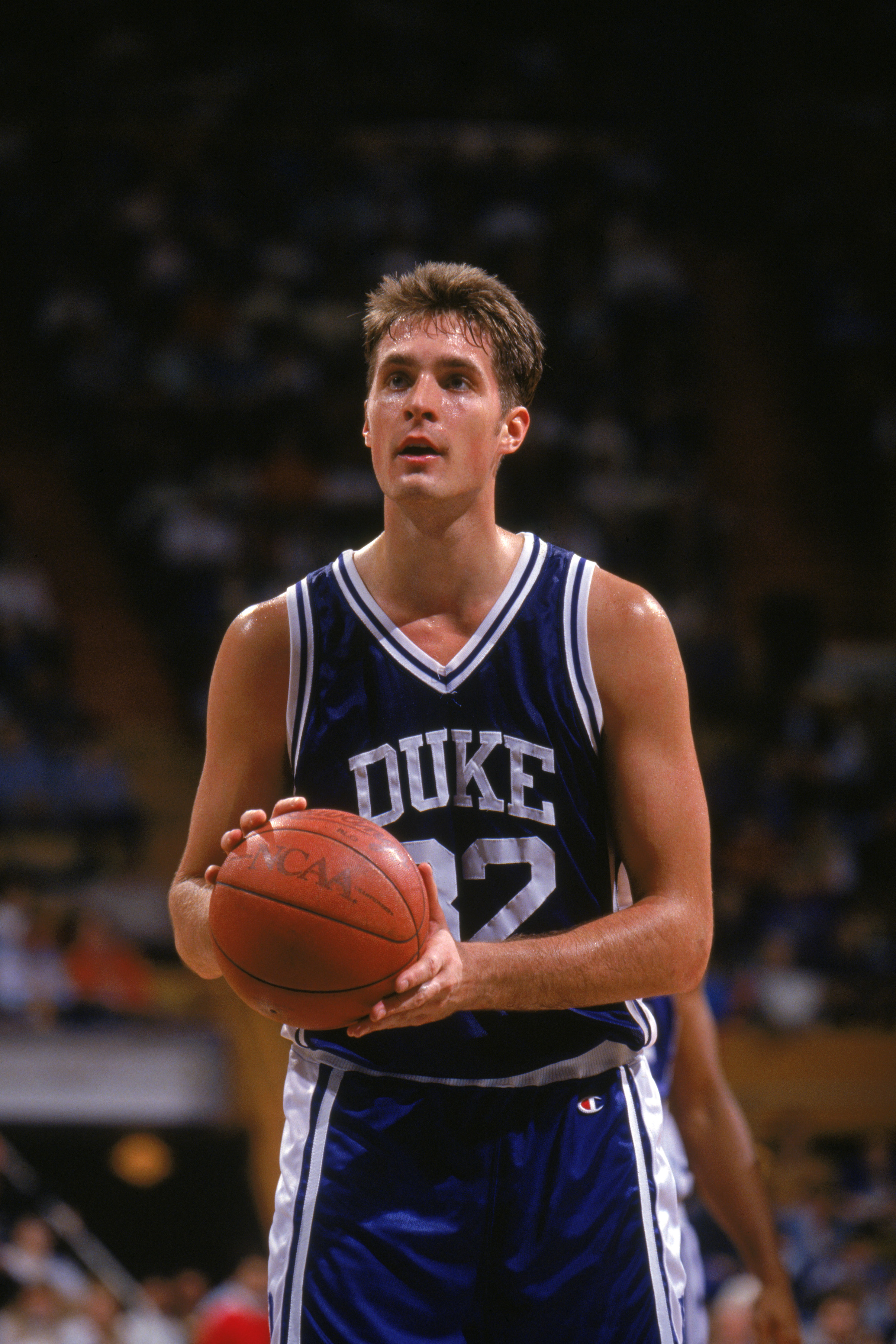 DECEMBER 7:  Christian Laettner #32 of the Duke University Blue Devils prepares to shoot a free throw during a NCAA game against Canisius College in December 7, 1991.  (Photo by Rick Stewart/Getty Images)