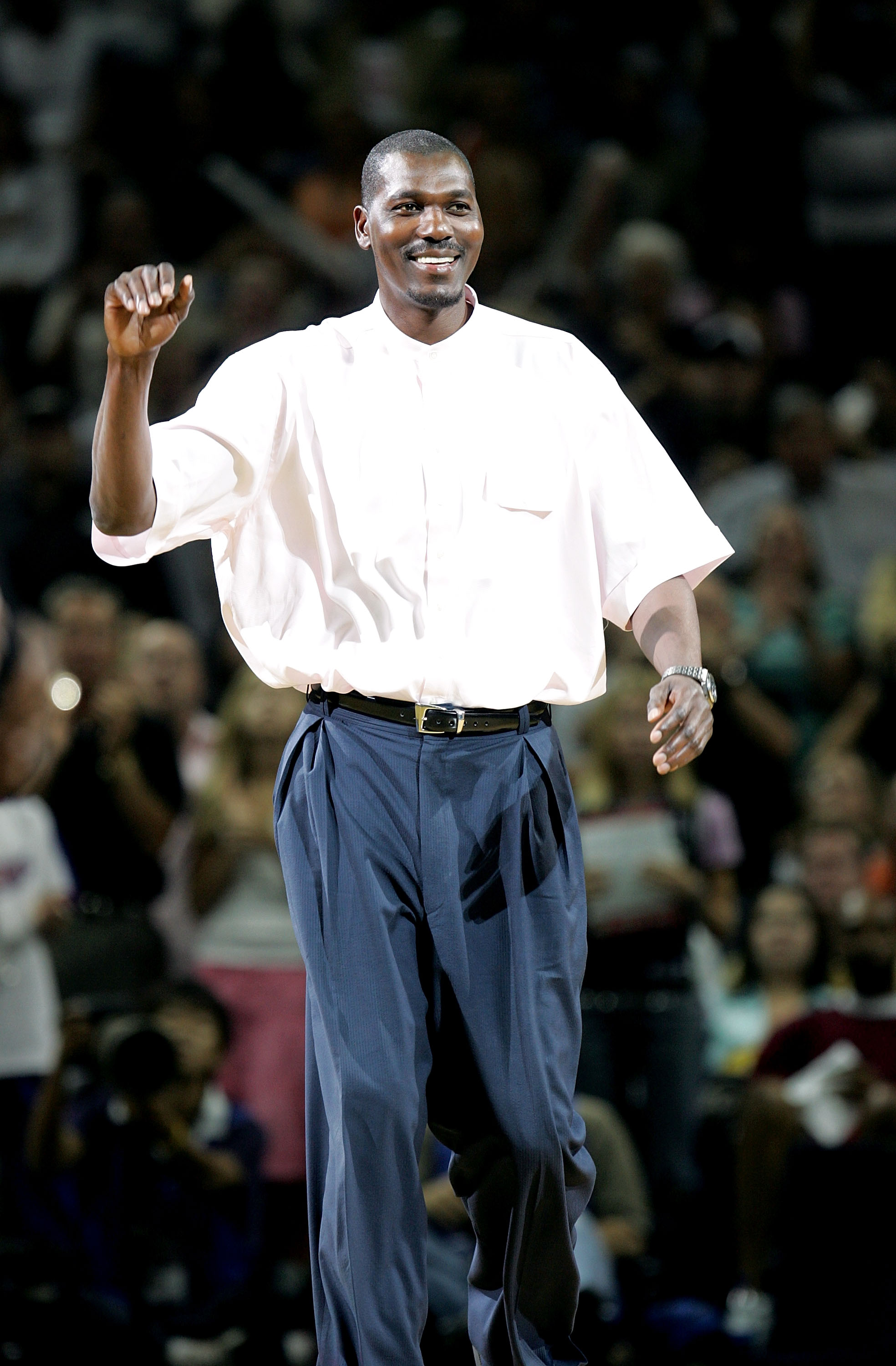 SAN ANTONIO - JUNE 9:  NBA legend Hakeem Olajuwon is introduced to the crowd during the game between the San Antonio Spurs and the Detroit Pistons in Game one of the 2005 NBA Finals at SBC Center on June 9, 2005 in San Antonio, Texas.  NOTE TO USER: User