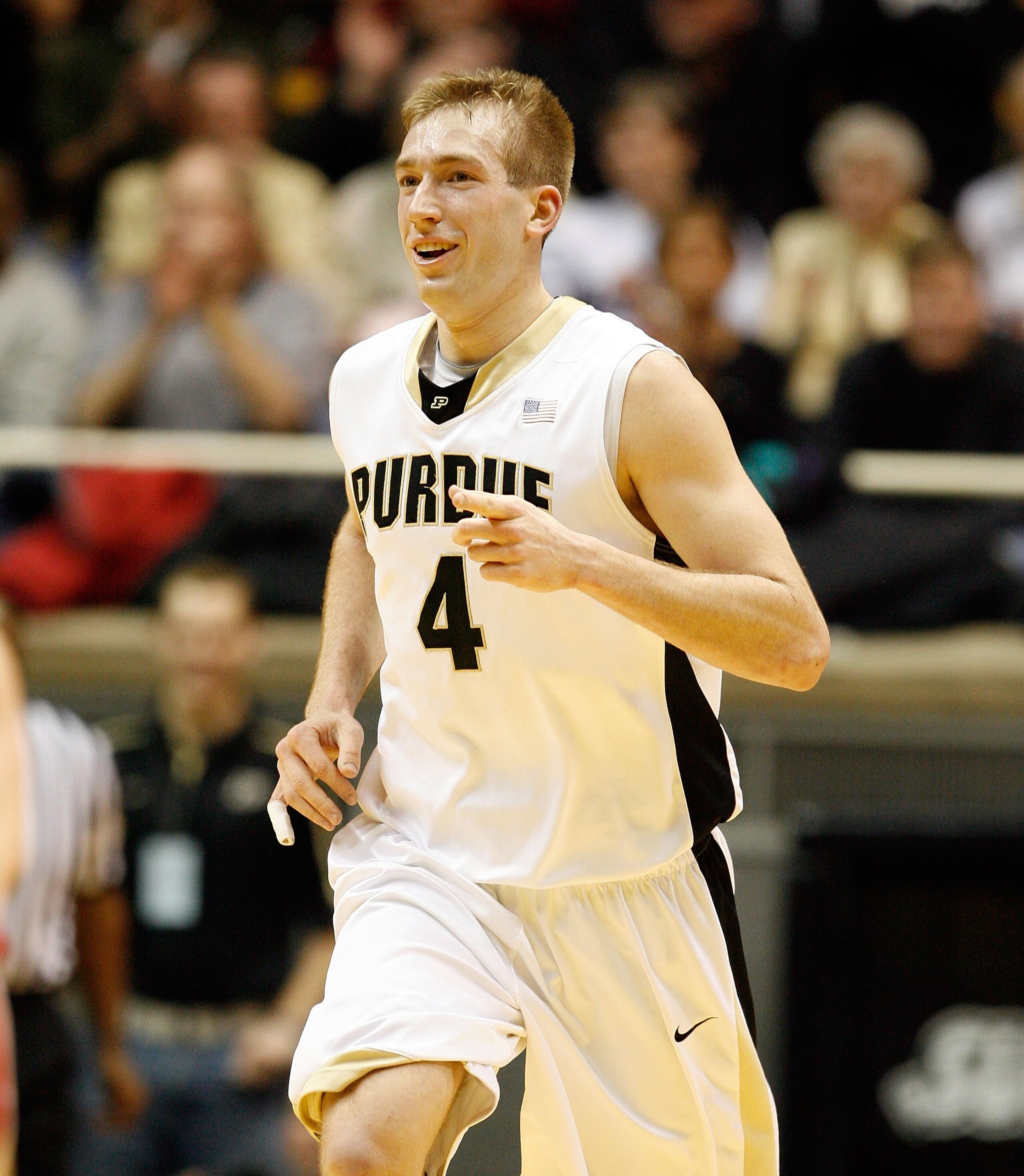 WEST LAFAYETTE, IN - JANUARY 12:  Robbie Hummel #4 of the Purdue Boilermakers runs during the Big Ten game against the Ohio State Buckeyes at Mackey Arena on January 12, 2010 in West Lafayette, Indiana. Ohio State won 70-66.  (Photo by Andy Lyons/Getty Im