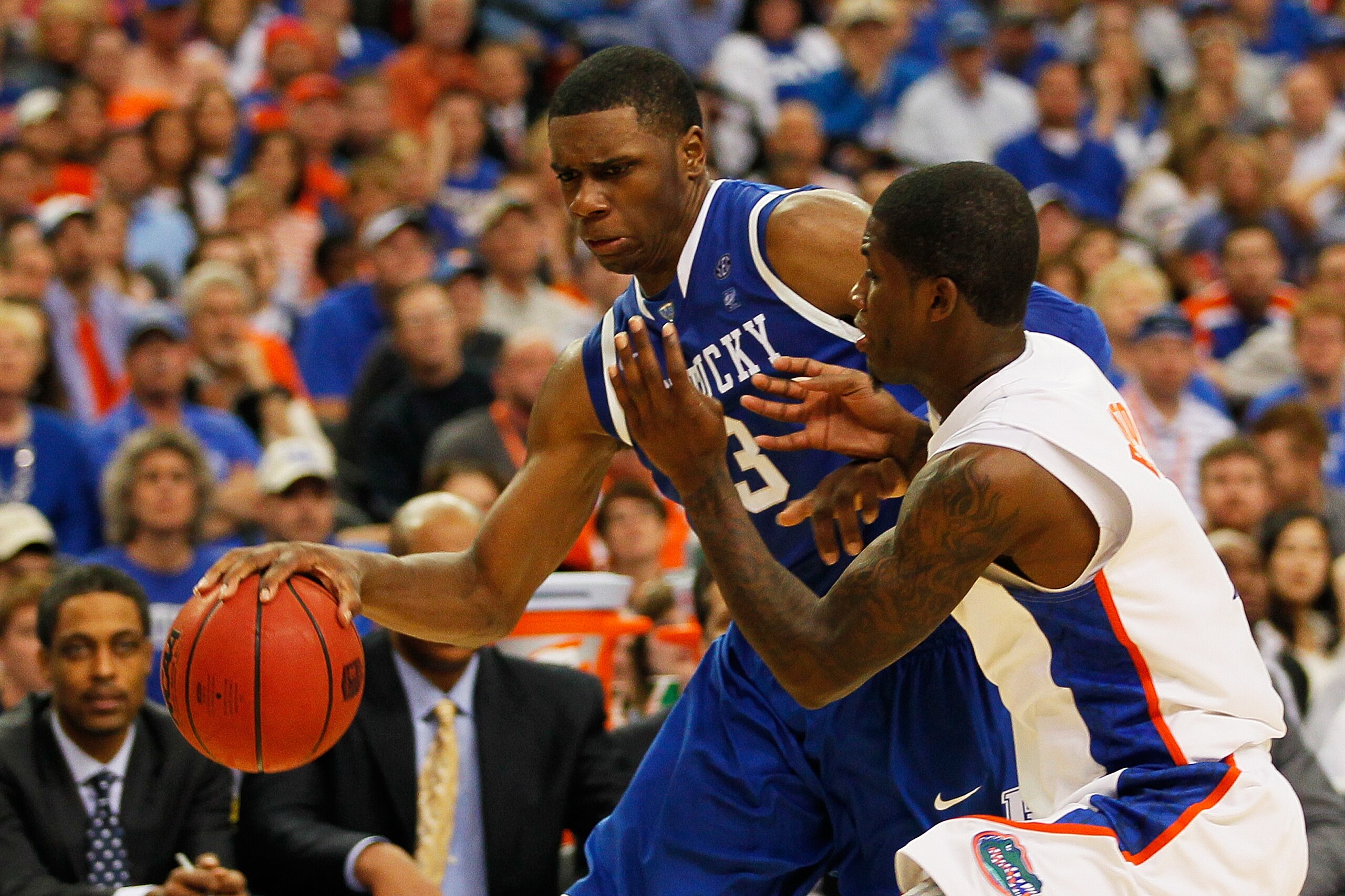 ATLANTA, GA - MARCH 13:  Terrence Jones #3 of the Kentucky Wildcats drives against Kenny Boynton #1 of the Florida Gators during the championship game of the SEC Men's Basketball Tournament at Georgia Dome on March 13, 2011 in Atlanta, Georgia.  (Photo by