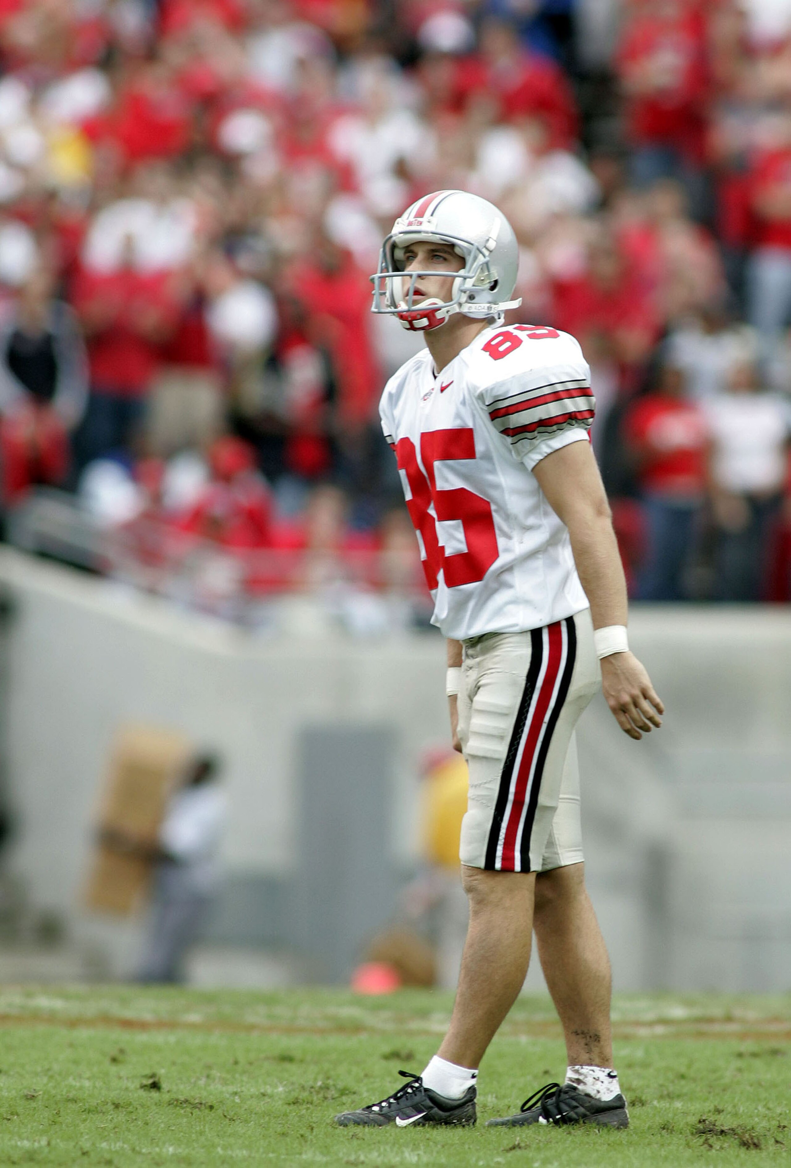 RALEIGH, NC - SEPTEMBER 18:  Kicker Mike Nugent #85 of the Ohio State Buckeyes lines up for a 50-yard field goal against the North Carolina State University Wolfpack on September 18, 2004 at Carter-Finley Stadium in Raleigh, North Carolina. Nugent tied a