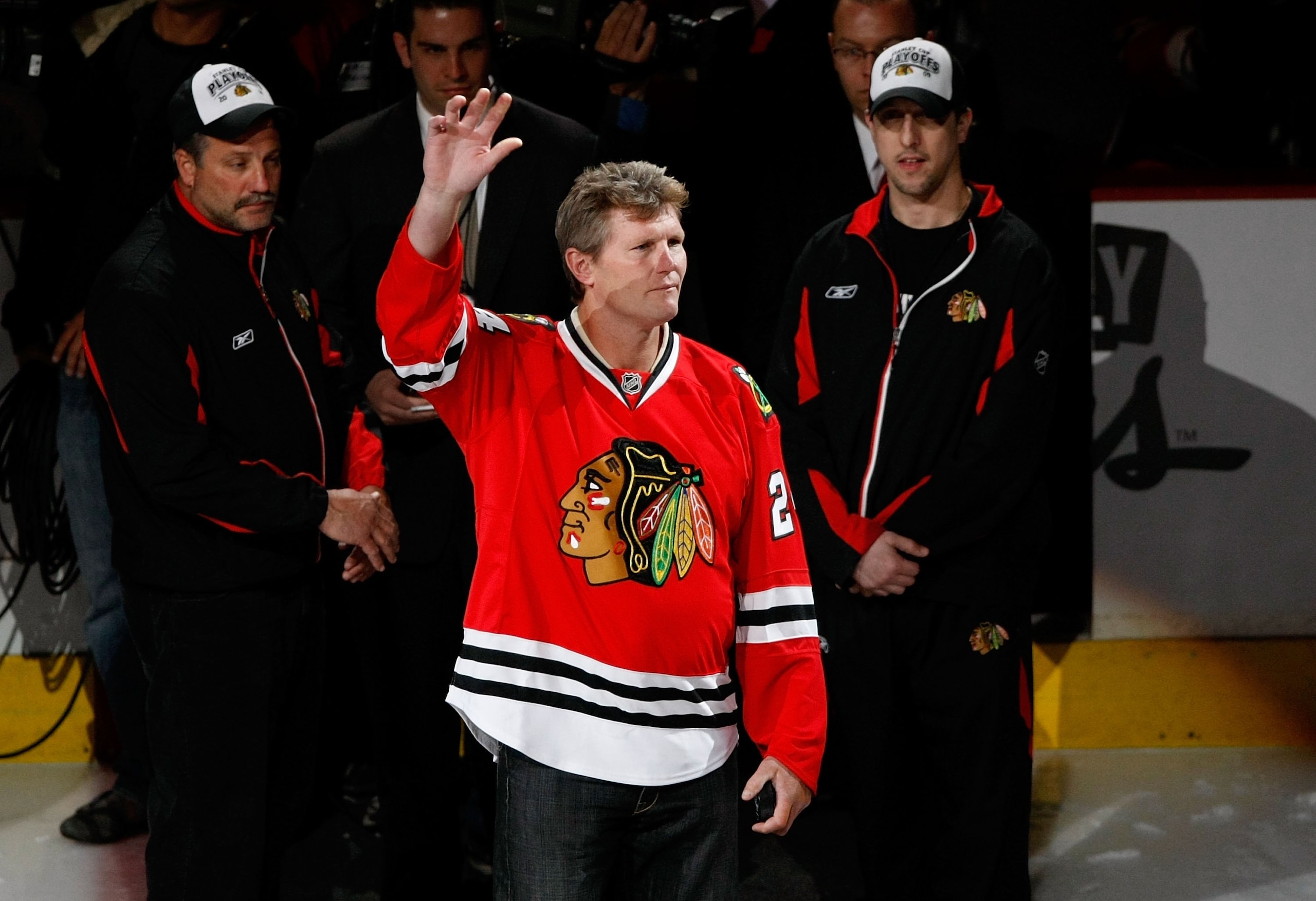 CHICAGO - MAY 24: Former Chicago Blackhawks and Detroit Red Wings player Bob Probert waves to the fans prior to dropping the puck for the cermonial face off during Game Four of the Western Conference Championship Round of the 2009 Stanley Cup Playoffs be CHICAGO - MAY 24: Former Chicago Blackhawks and Detroit Red Wings player Bob Probert waves to the fans prior to dropping the puck for the cermonial face off during Game Four of the Western Conference Championship Round of the 2009 Stanley Cup Playoffs be