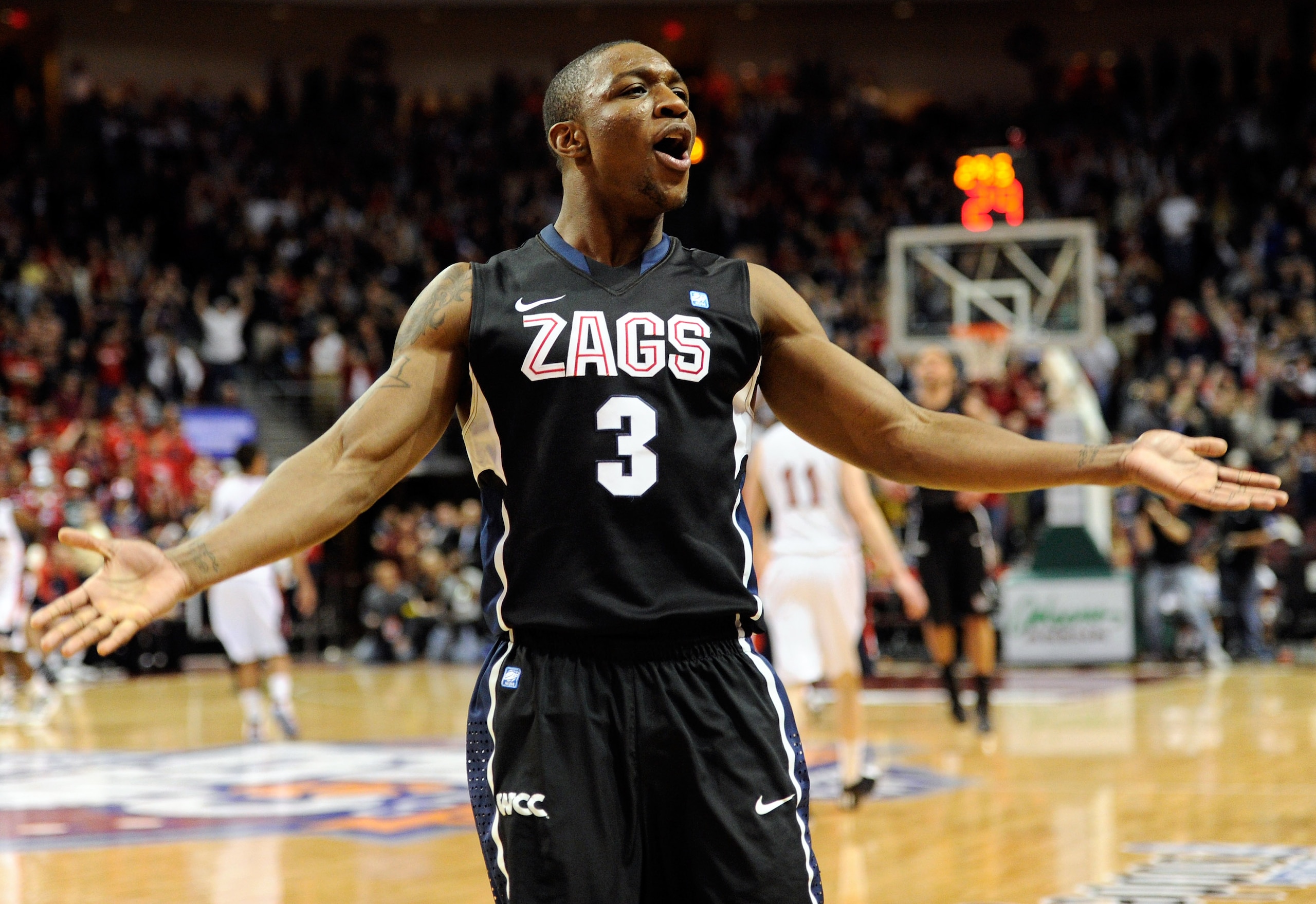 LAS VEGAS, NV - MARCH 07:  Demetri Goodson #3 of the Gonzaga Bulldogs celebrates late in the team's 75-63 victory over the Saint Mary's Gaels in the championship game of the Zappos.com West Coast Conference Basketball tournament at the Orleans Arena March