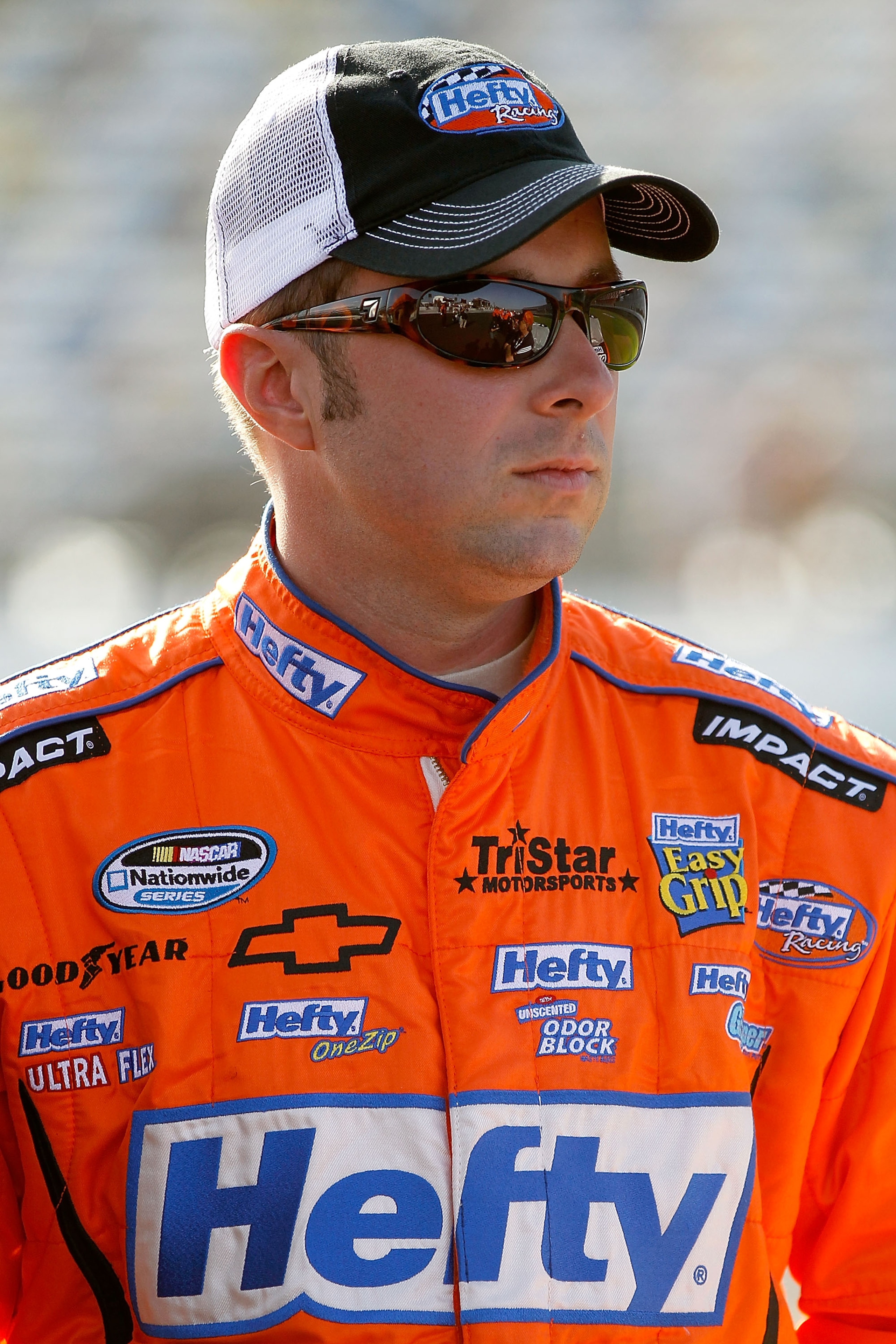 DAYTONA BEACH, FL - FEBRUARY 18:  Eric McClure, driver of the #14 Hefty 'Black Out' Chevrolet, looks on during qualifying for the NASCAR Nationwide Series DRIVE4COPD 300 at Daytona International Speedway on February 18, 2011 in Daytona Beach, Florida.  (P