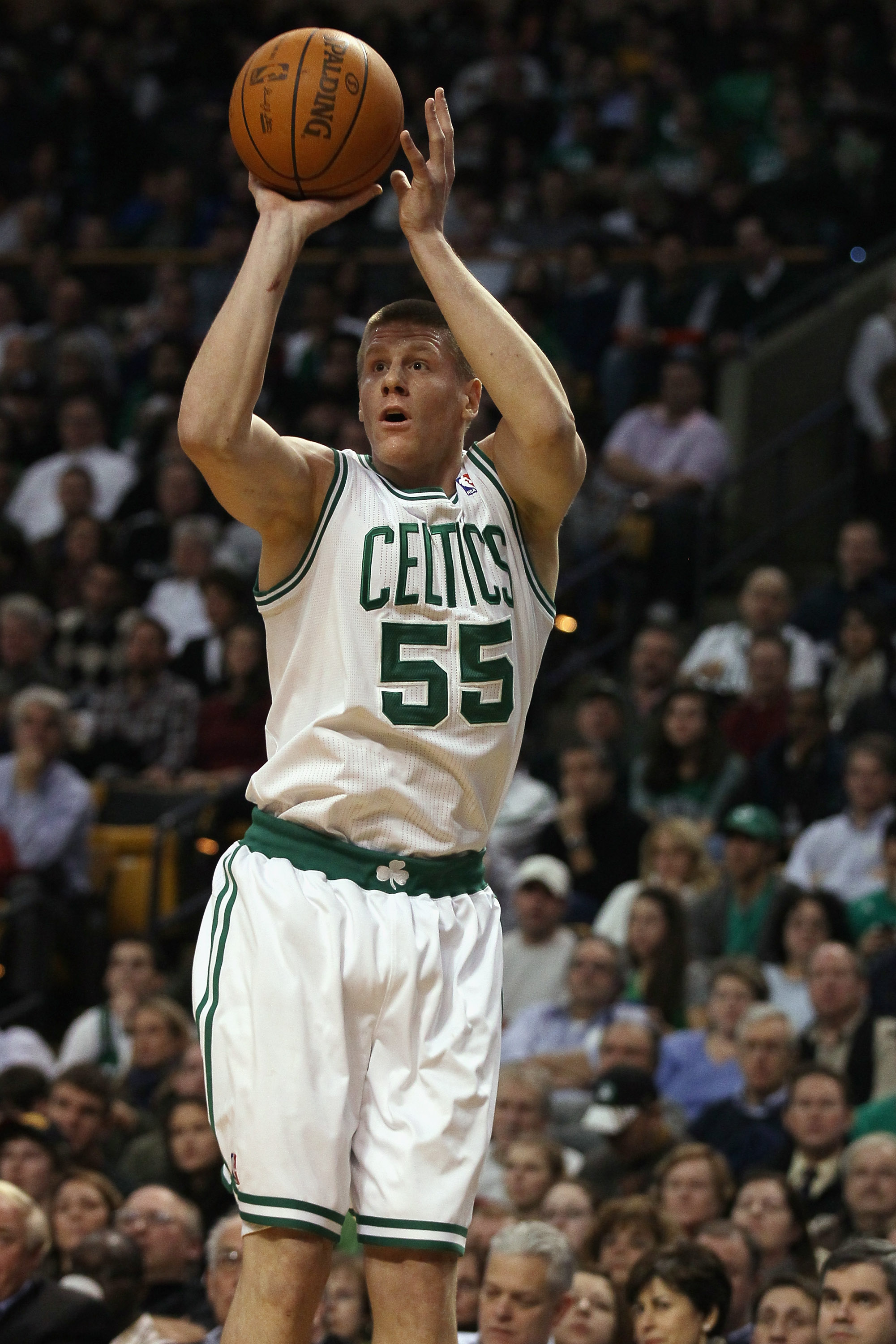BOSTON, MA - DECEMBER 16:  Luke Harangody #55  of the Boston Celtics takes a shot in the first half against the Atlanta Hawks on December 16, 2010 at the TD Garden in Boston, Massachusetts. NOTE TO USER: User expressly acknowledges and agrees that, by dow