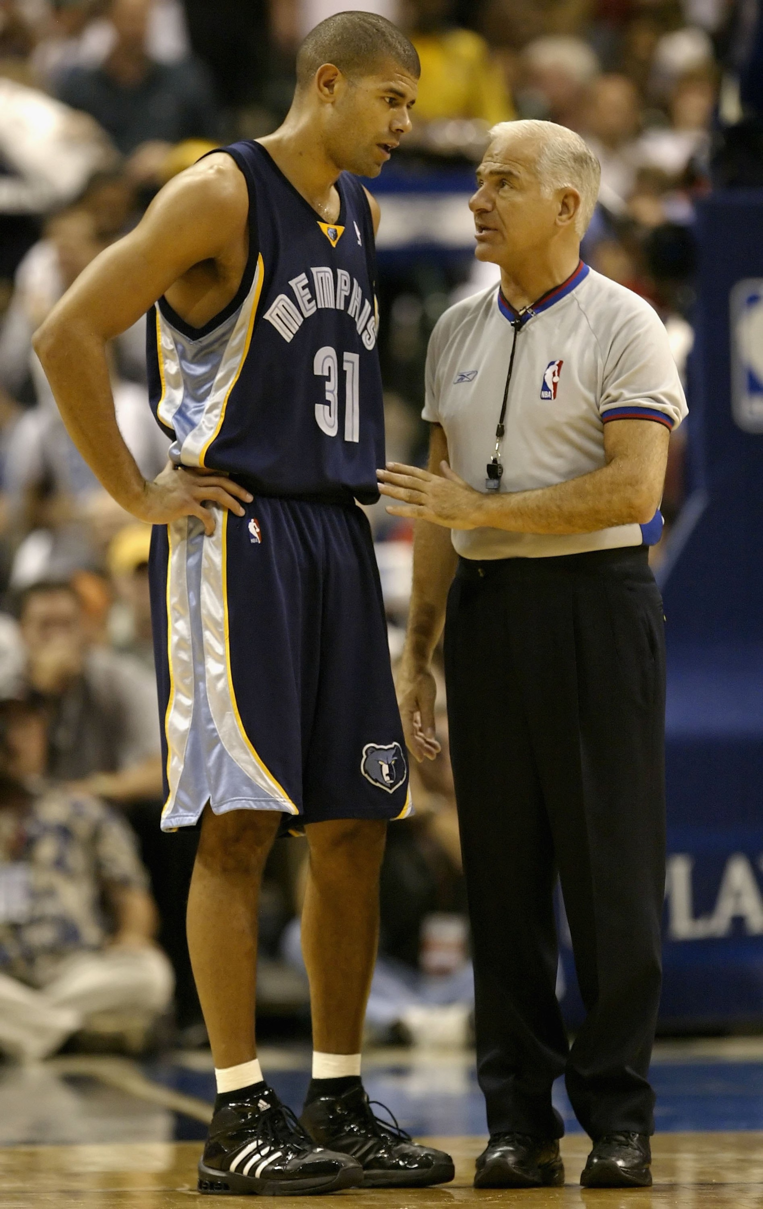 DALLAS - APRIL 26:  Shane Battier #31 of the Memphis Grizzlies talks with referee Bennett Salvatore in game two of the Western Conference Quarterfinals against the Dallas Mavericks during the 2006 NBA Playoffs at the American Airlines Center on April 26,