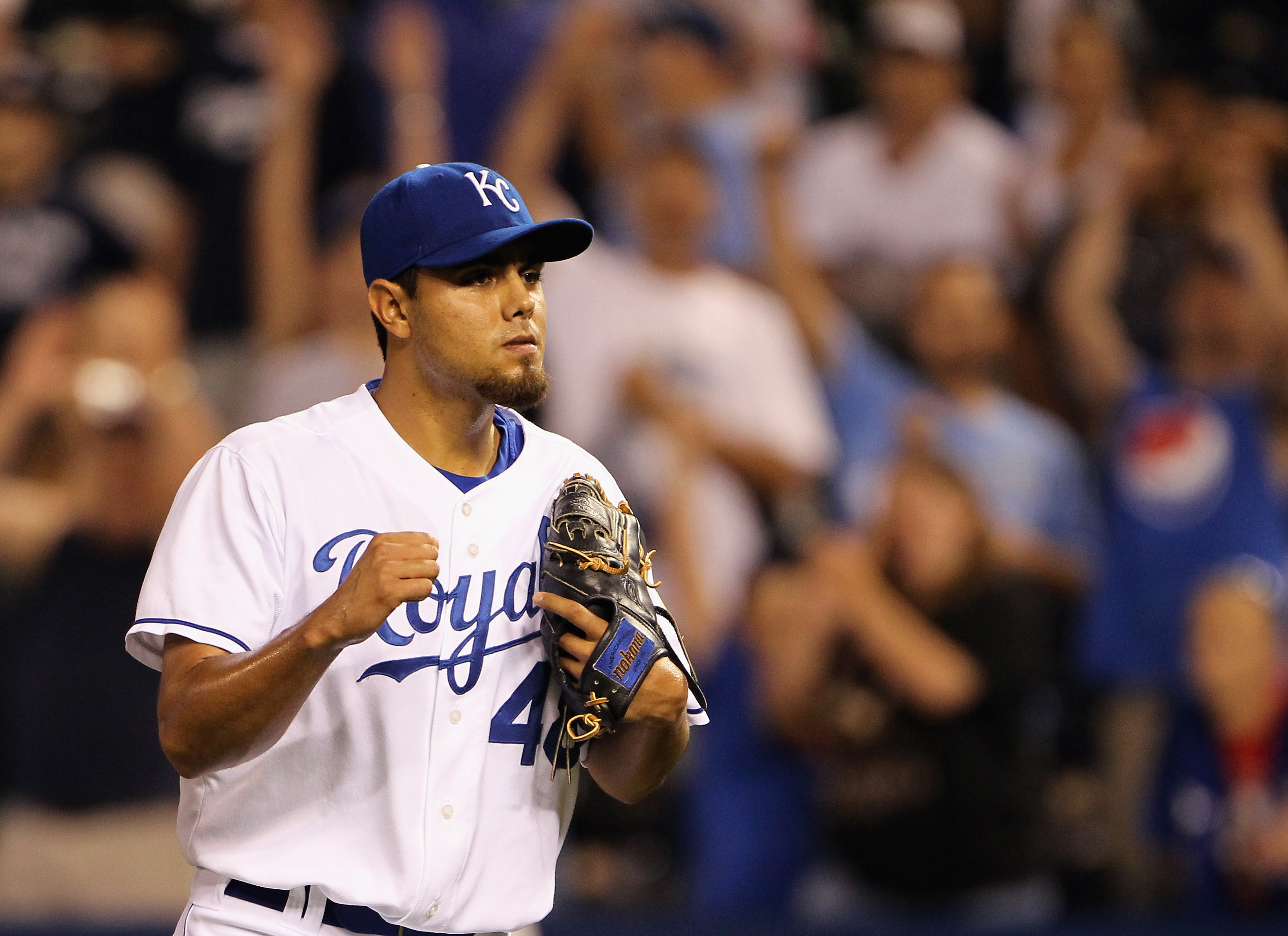 KANSAS CITY, MO - AUGUST 13:  Pitcher Joakim Soria #48 of the Kansas City Royals pumps his fist  after the Royals defeated the New York Yankees 4-3 to win the game on August 13, 2010 at Kauffman Stadium in Kansas City, Missouri.  (Photo by Jamie Squire/Ge