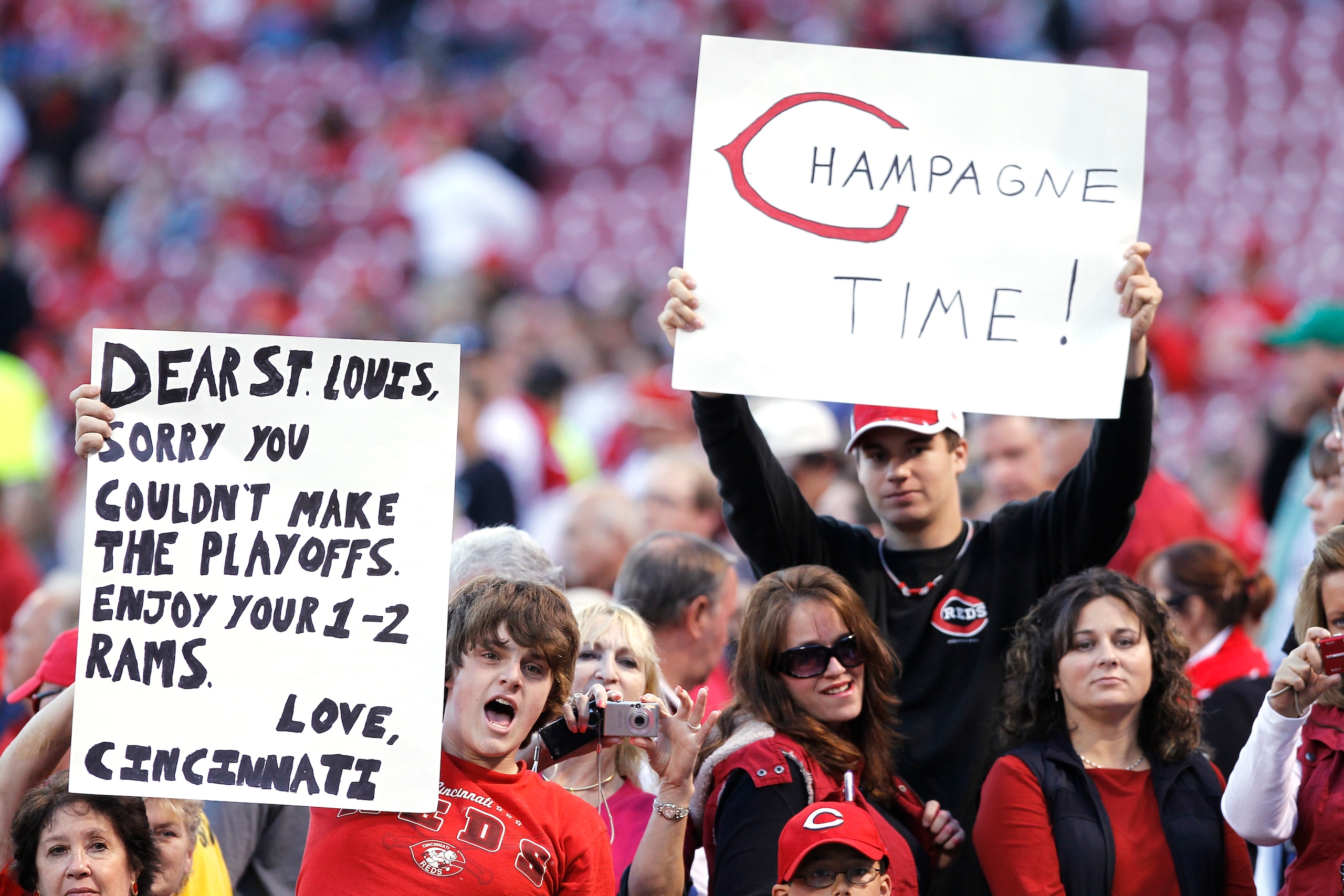 CINCINNATI, OH - SEPTEMBER 28: Cincinnati Reds fans look on before the game against the Houston Astros at Great American Ball Park on September 28, 2010 in Cincinnati, Ohio. The Reds won 3-2 to clinch the NL Central Division title. (Photo by Joe Robbins/G